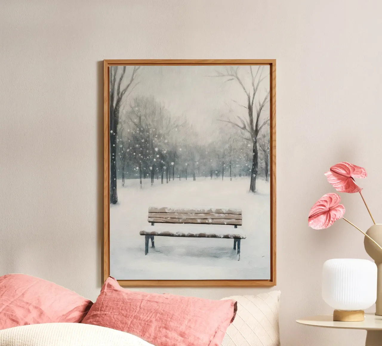 Panchina invernale in un tranquillo turbine di neve pannello forex da Cozy Vibes