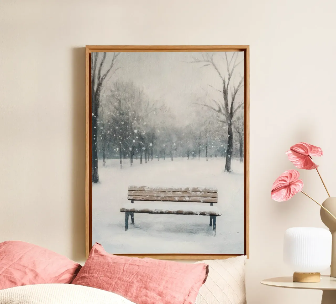 Panchina invernale in un tranquillo turbine di neve tela da Cozy Vibes