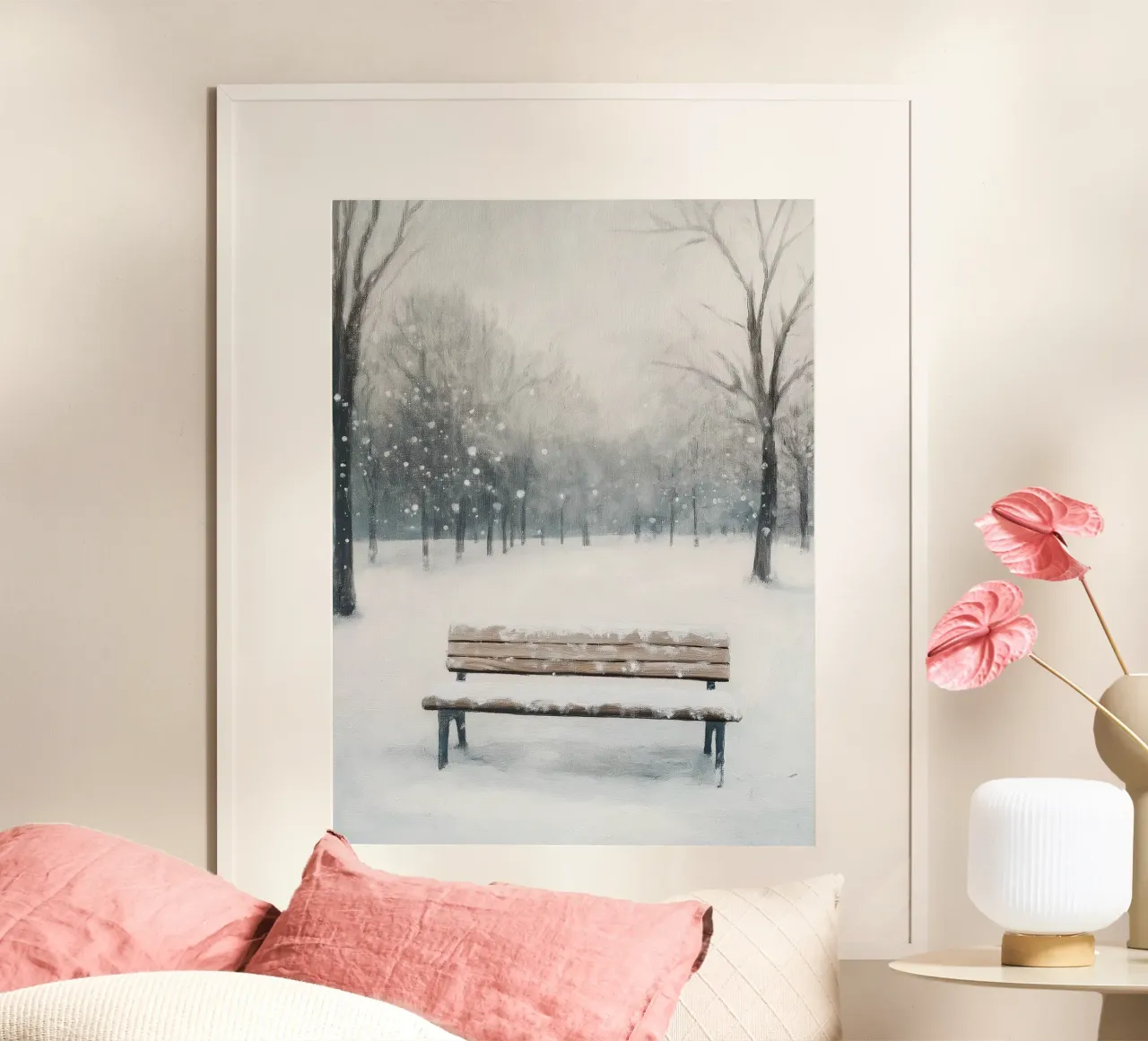 Panchina invernale in un tranquillo turbine di neve poster da Cozy Vibes