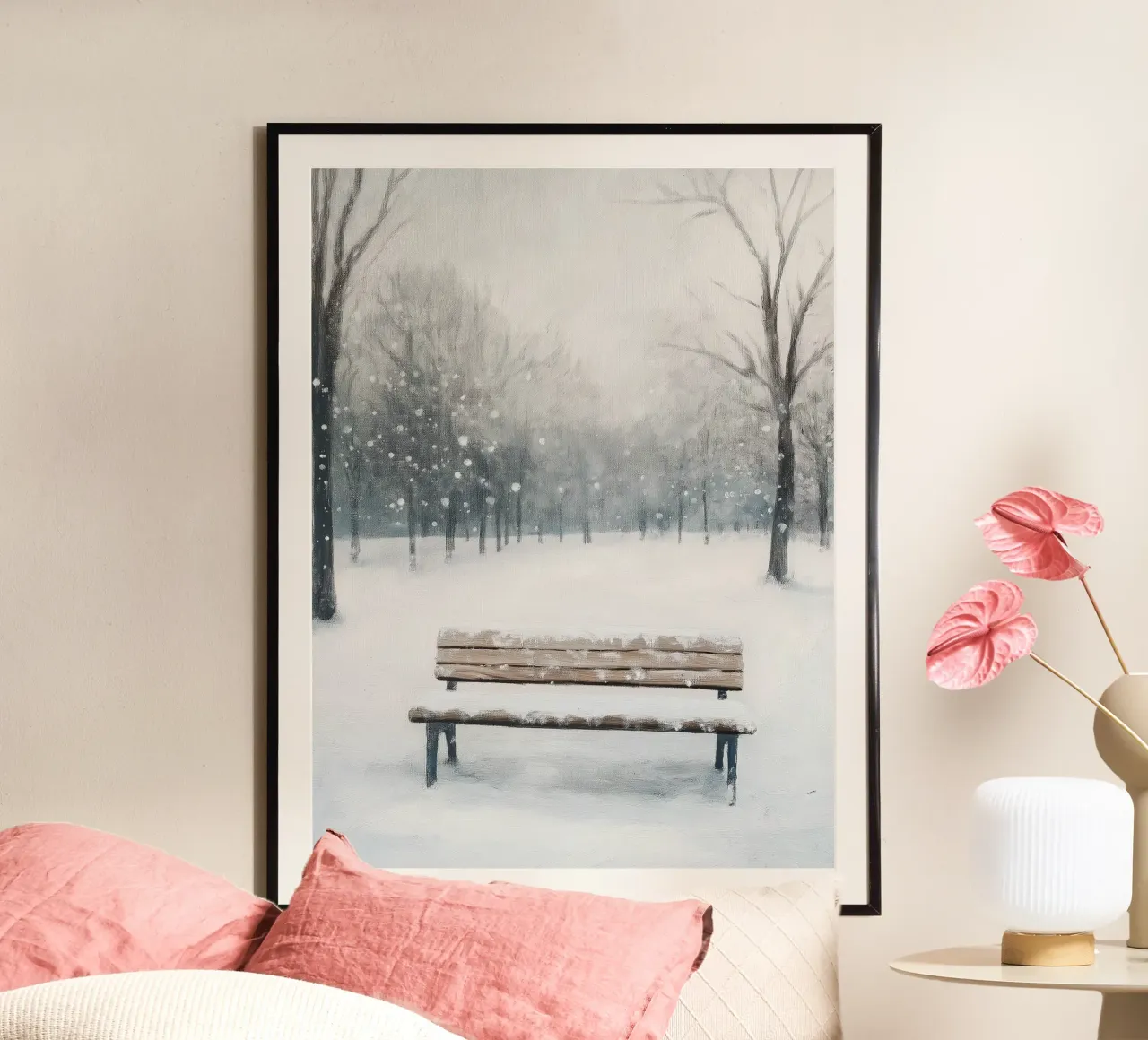 Panchina invernale in un tranquillo turbine di neve poster da Cozy Vibes