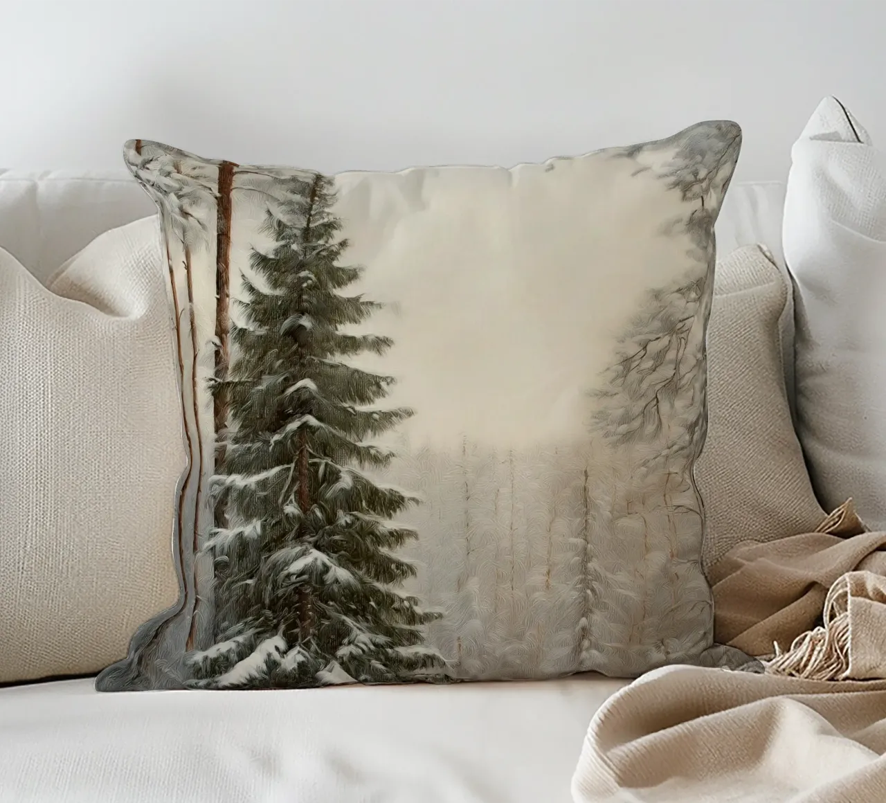 Foresta invernale innevata con abete maestoso cuscino da Cozy Vibes