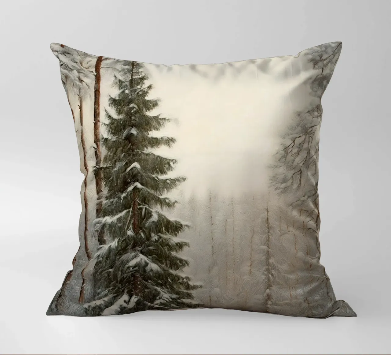 Foresta invernale innevata con abete maestoso cuscino da Cozy Vibes