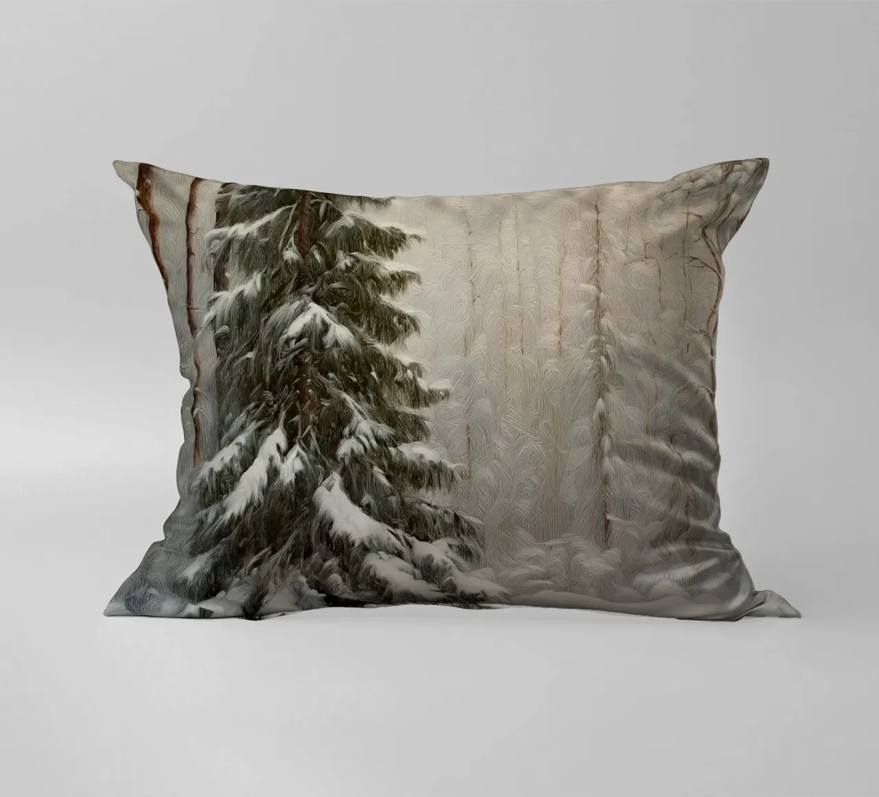 Foresta invernale innevata con abete maestoso cuscino da Cozy Vibes