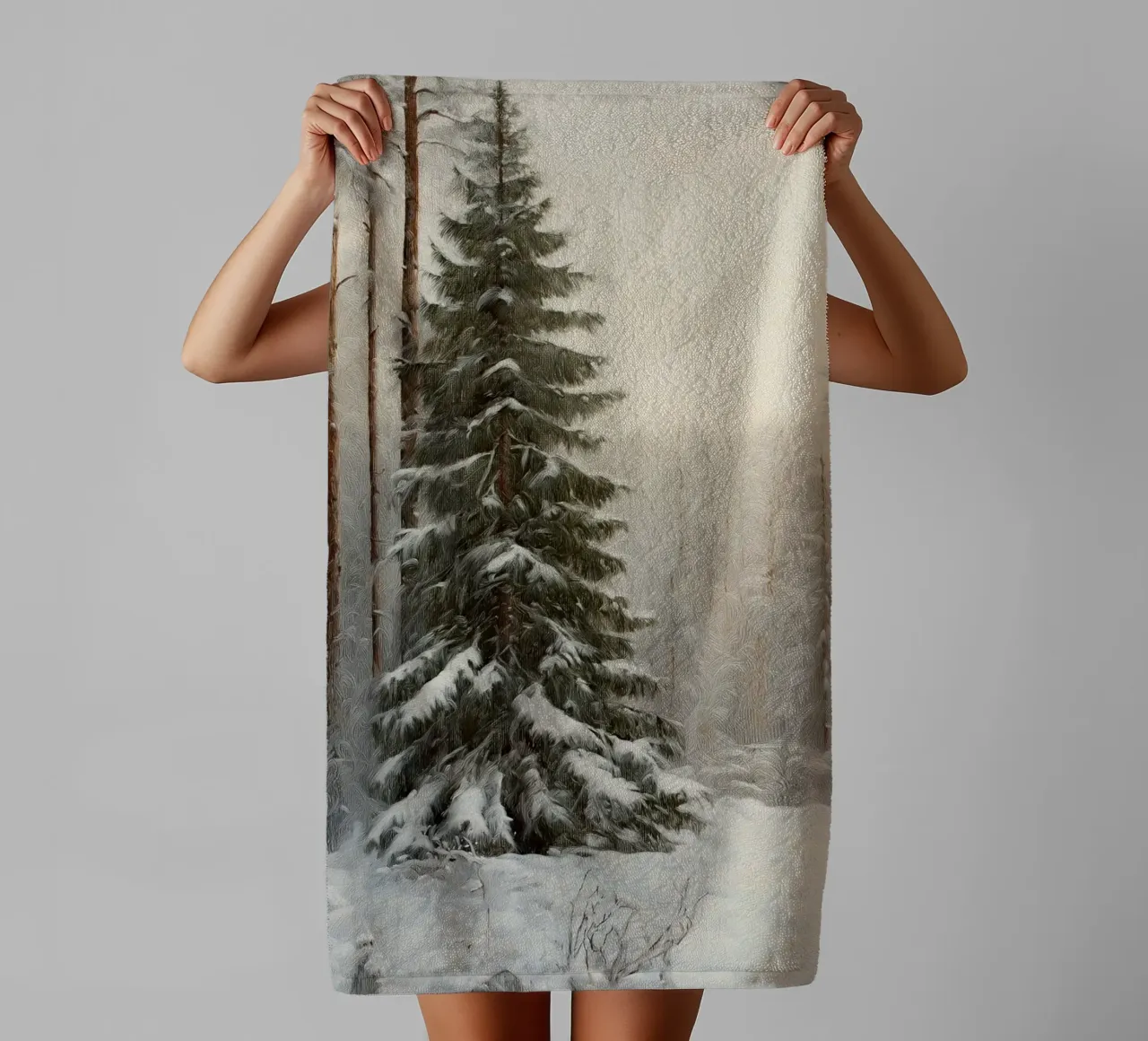 Forêt d'hiver enneigée avec un sapin majestueux serviette de bain de Cozy Vibes