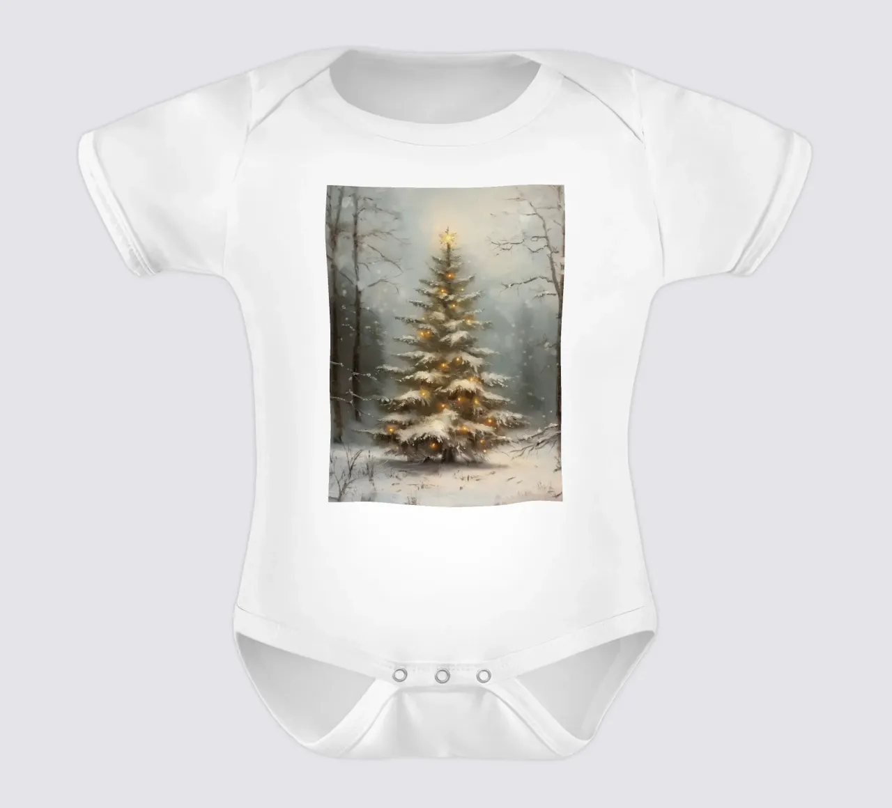 Albero di Natale innevato con luci nella foresta invernale body neonato maniche corte da Cozy Vibes