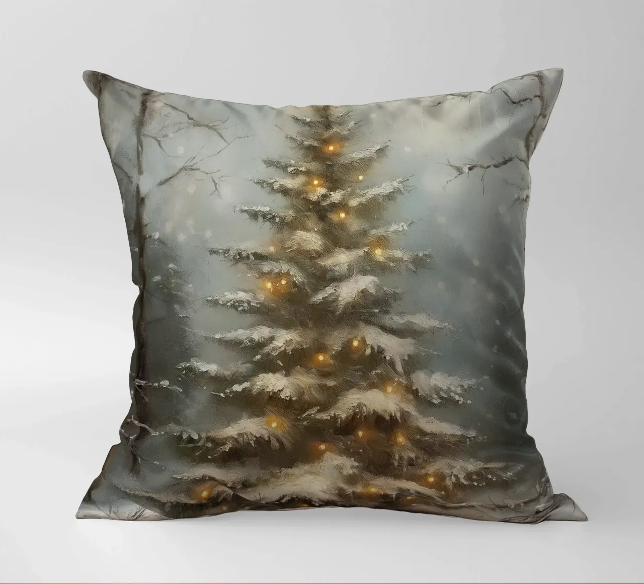 Albero di Natale innevato con luci nella foresta invernale cuscino da Cozy Vibes