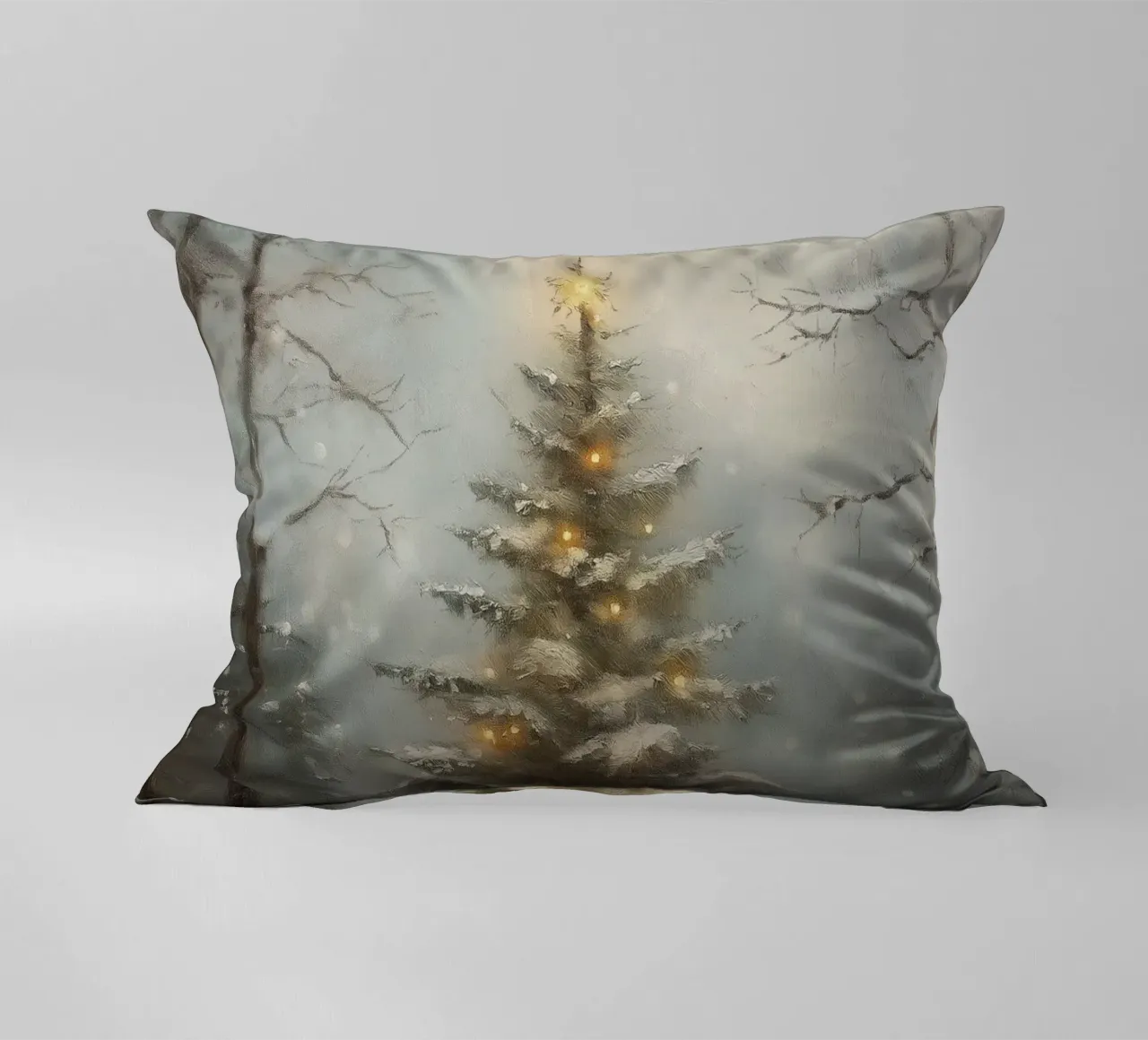 Albero di Natale innevato con luci nella foresta invernale cuscino da Cozy Vibes