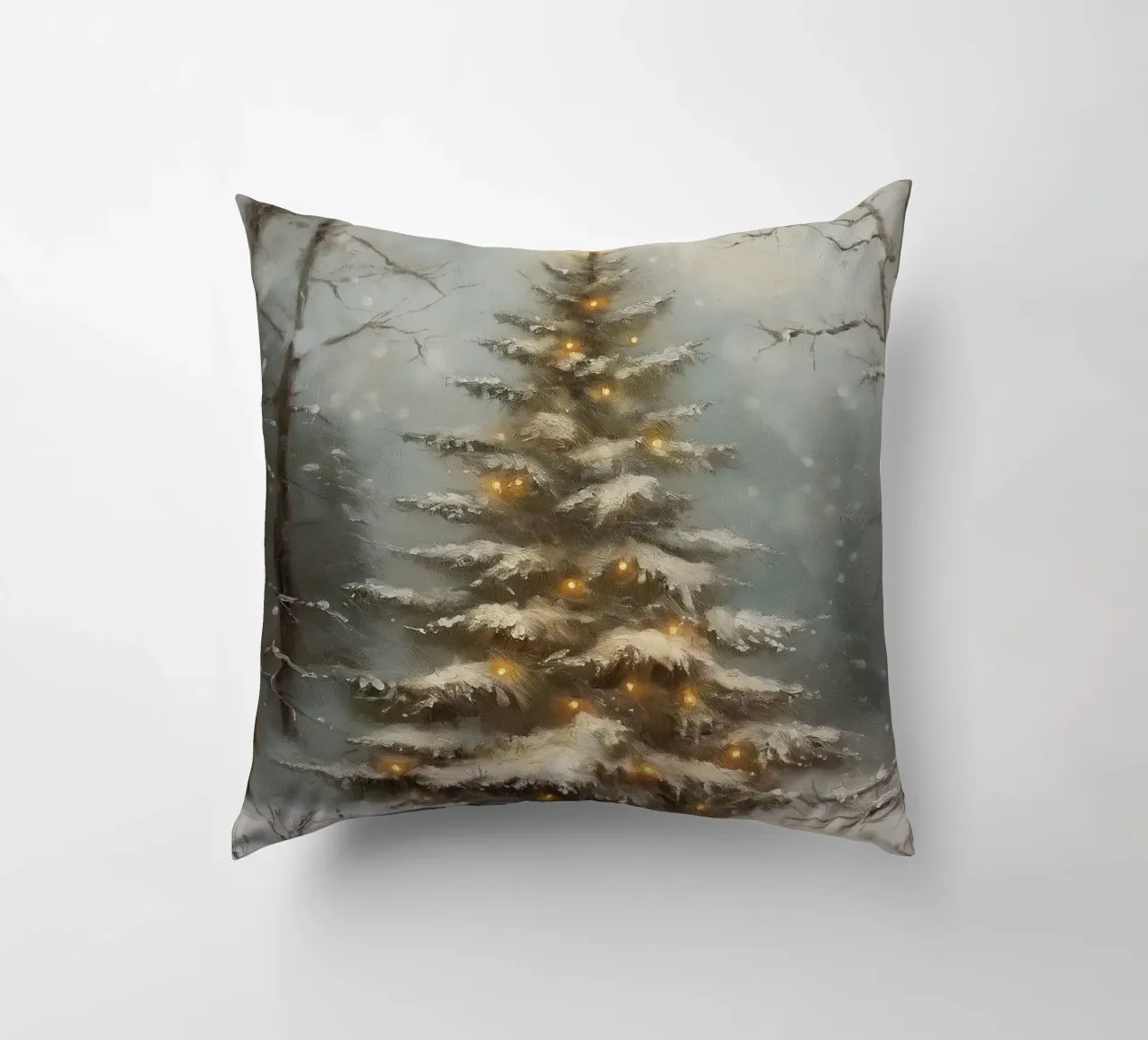 Albero di Natale innevato con luci nella foresta invernale cuscino da Cozy Vibes