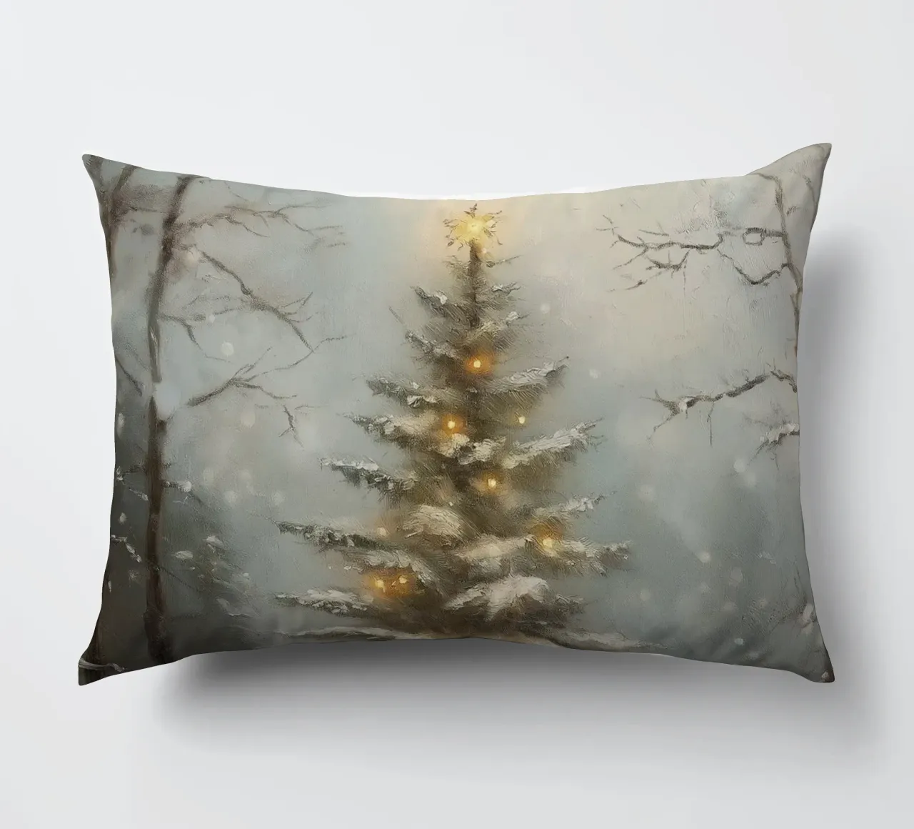 Albero di Natale innevato con luci nella foresta invernale cuscino da Cozy Vibes