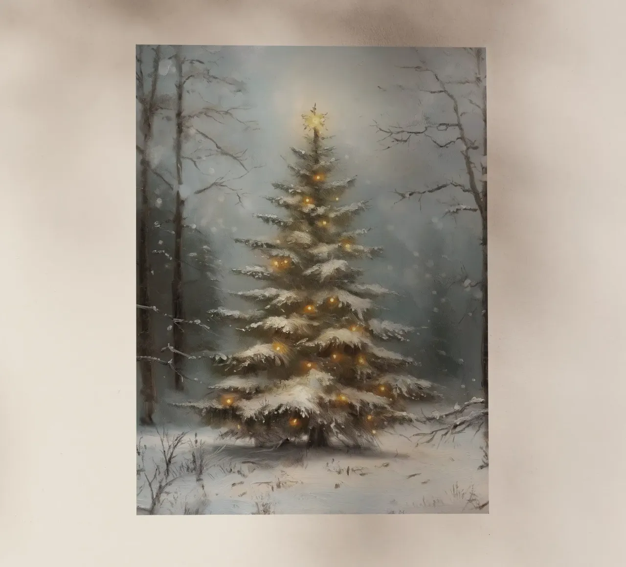 Albero di Natale innevato con luci nella foresta invernale pellicola backlit da Cozy Vibes