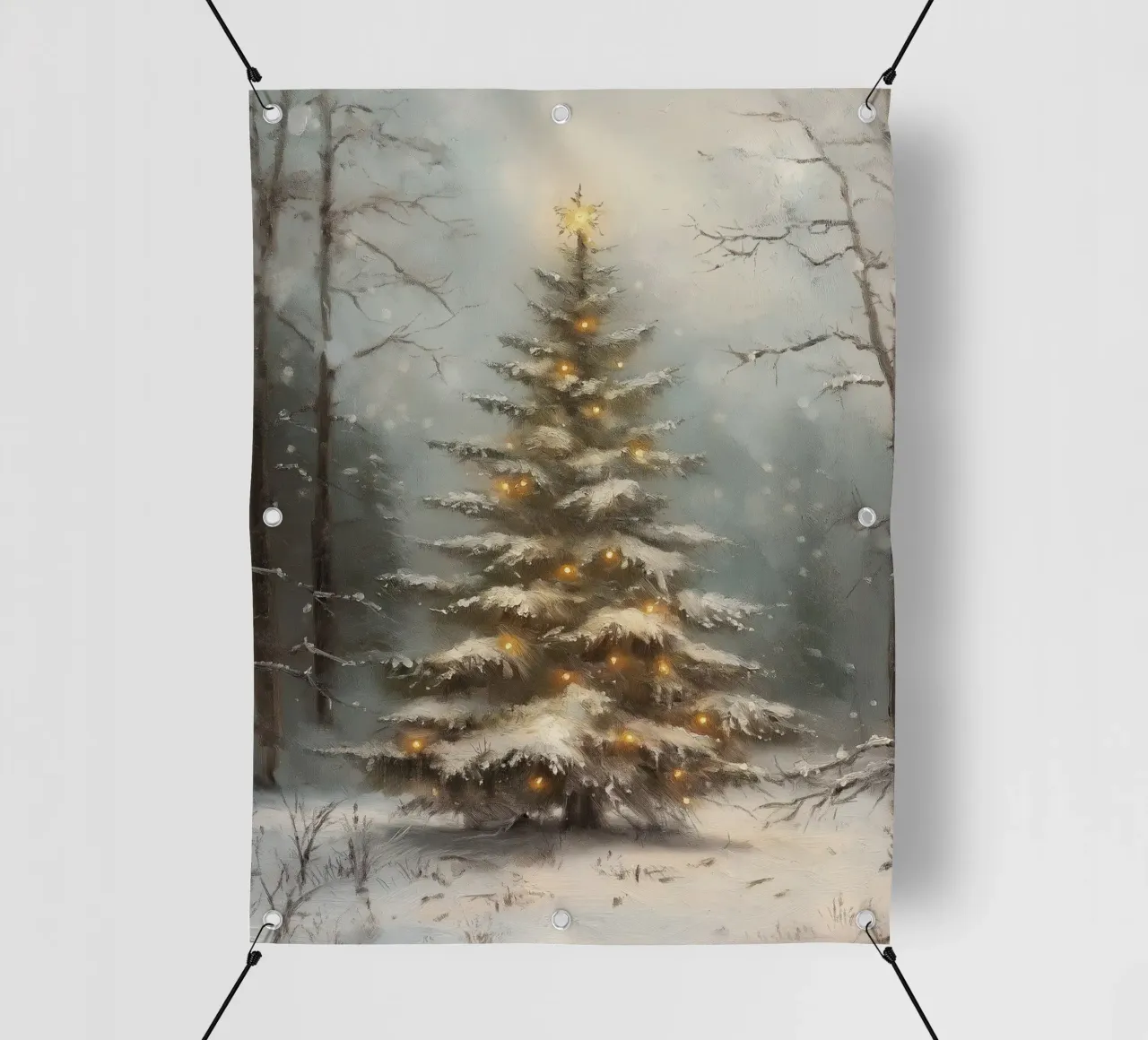 Albero di Natale innevato con luci nella foresta invernale telo in pvc da Cozy Vibes