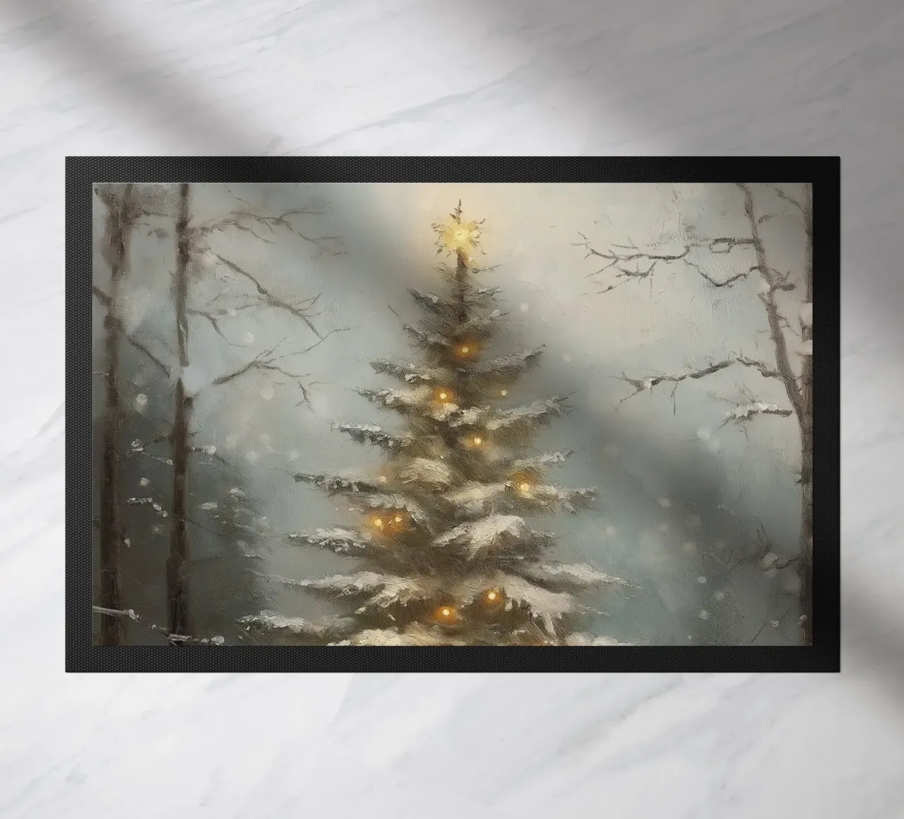 Albero di Natale innevato con luci nella foresta invernale zerbino da Cozy Vibes
