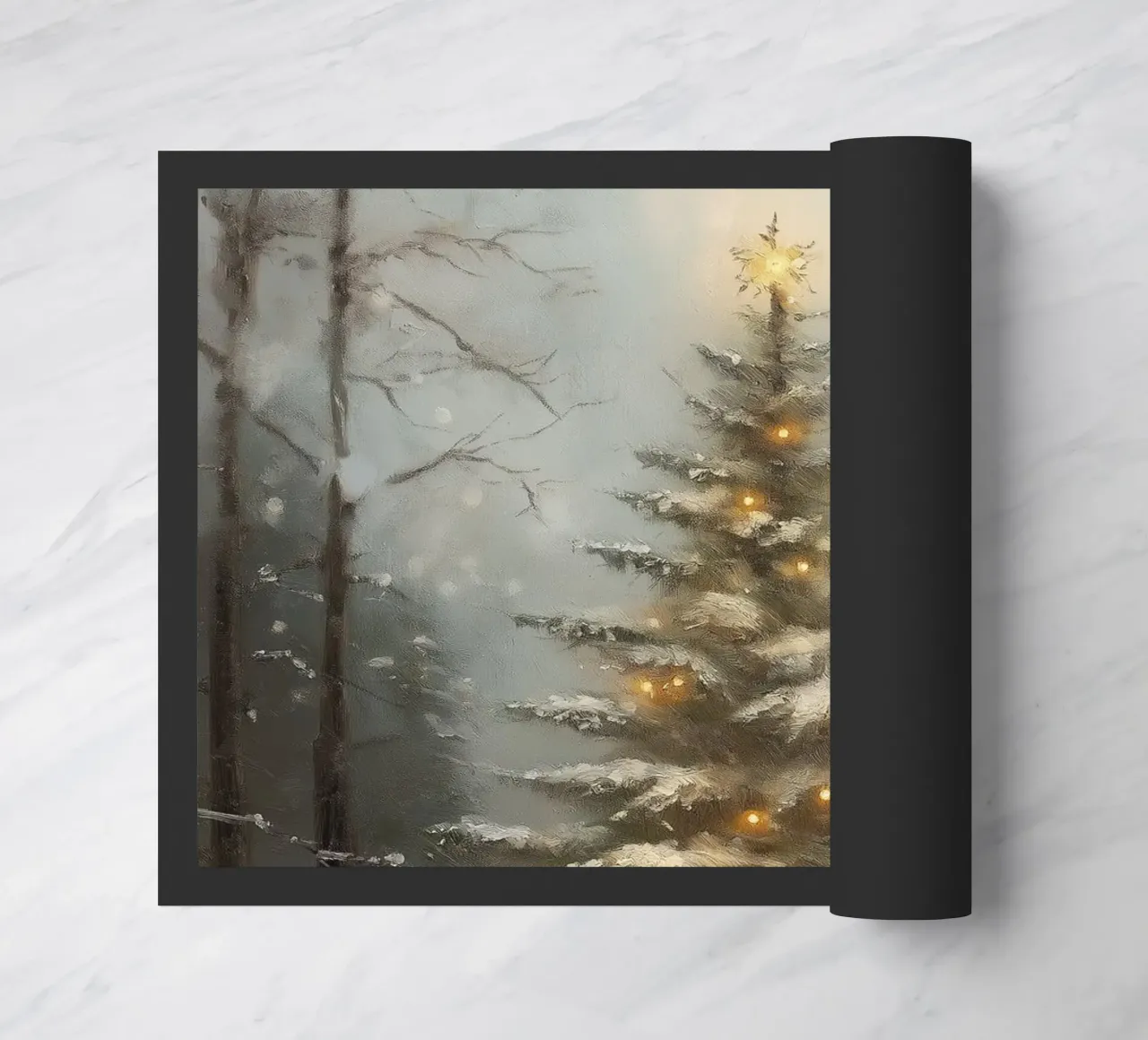 Albero di Natale innevato con luci nella foresta invernale zerbino da Cozy Vibes