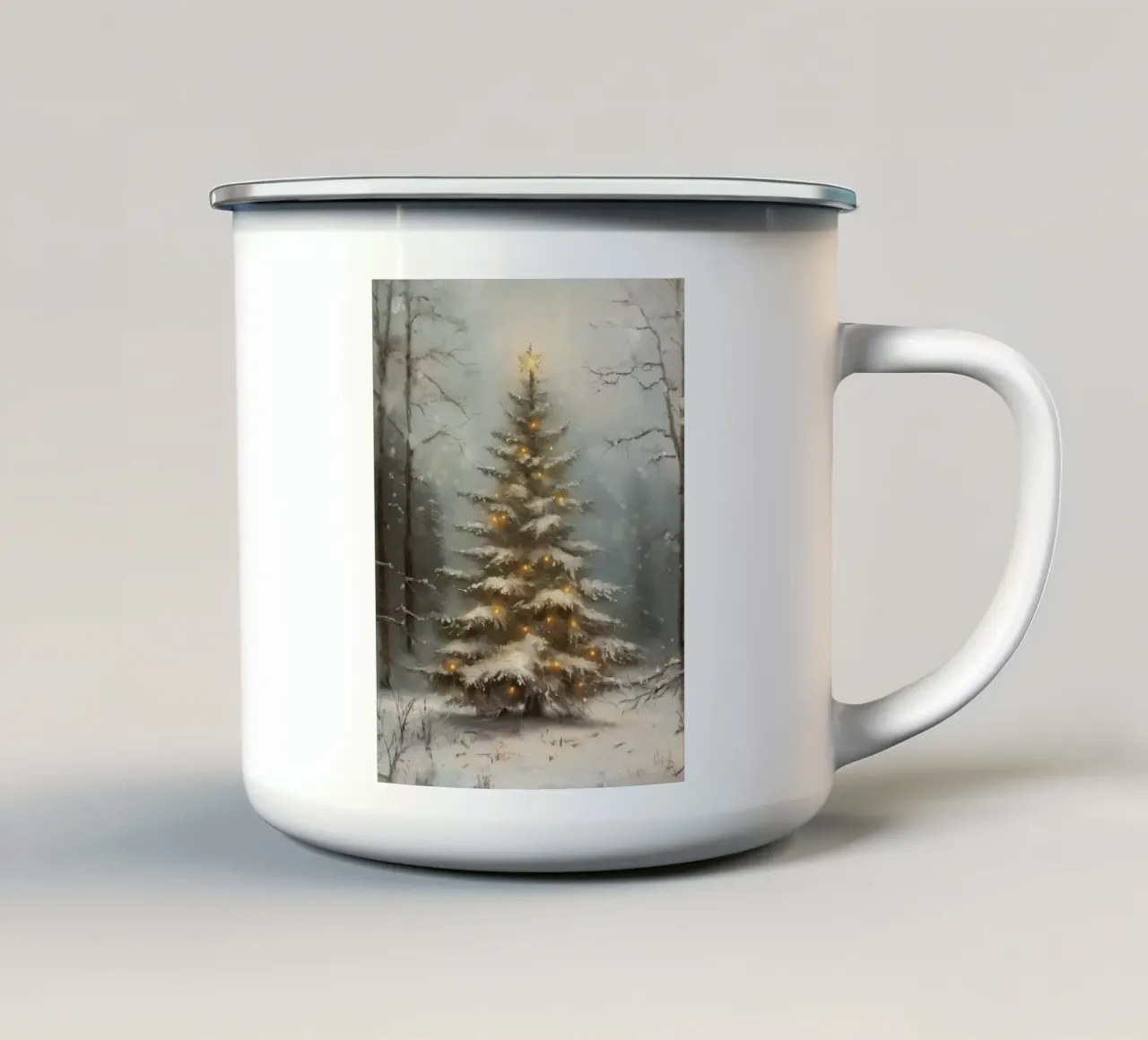 Albero di Natale innevato con luci nella foresta invernale tazza in smalto da Cozy Vibes