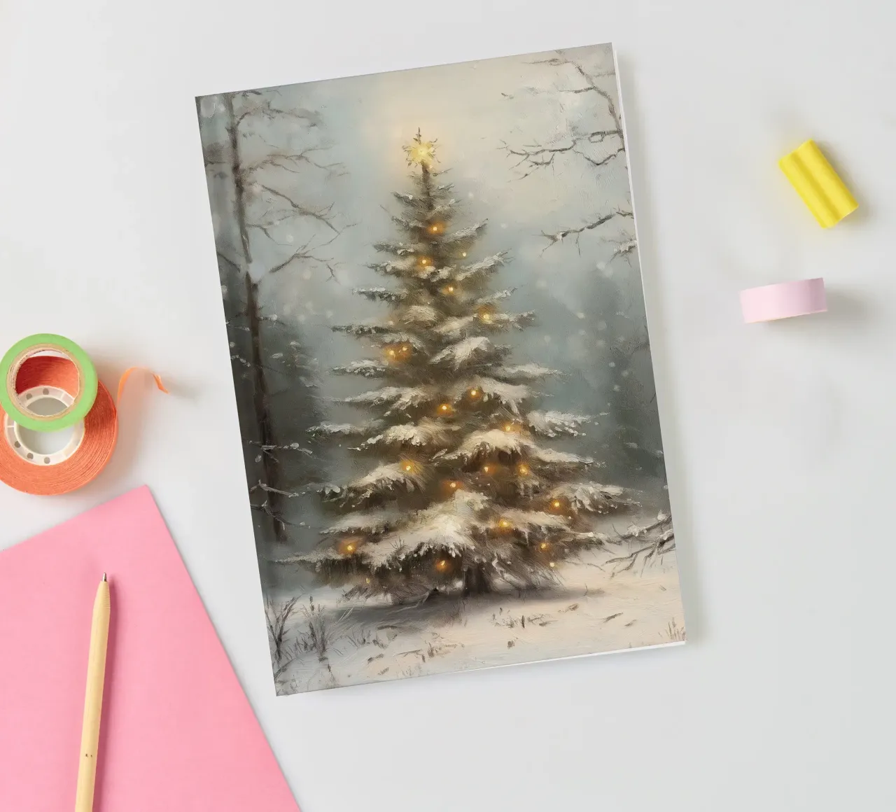 Snow-covered Christmas tree with lights in the winter forest notebook by Cozy Vibes