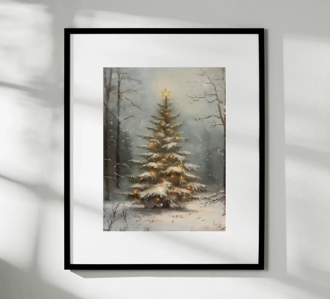 Albero di Natale innevato con luci nella foresta invernale carta hahnemühle da Cozy Vibes