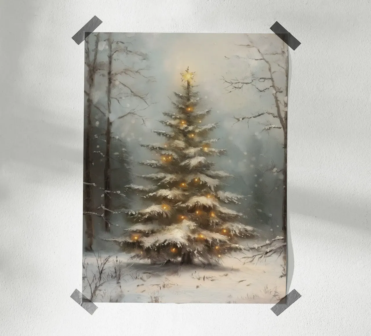 Albero di Natale innevato con luci nella foresta invernale carta hahnemühle da Cozy Vibes