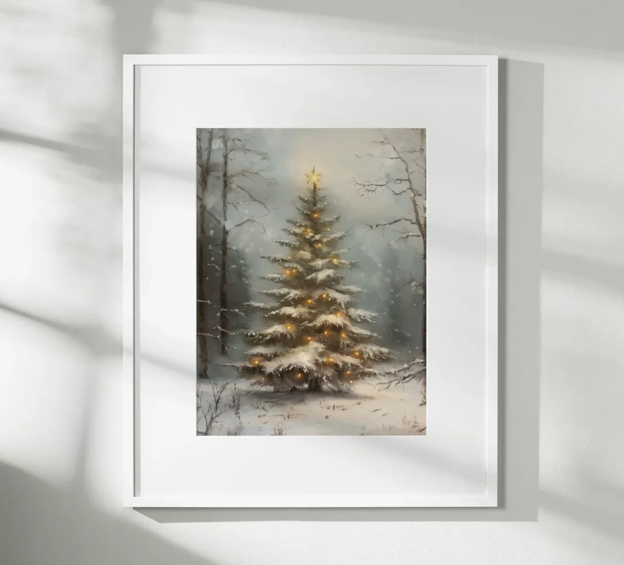 Albero di Natale innevato con luci nella foresta invernale carta hahnemühle da Cozy Vibes