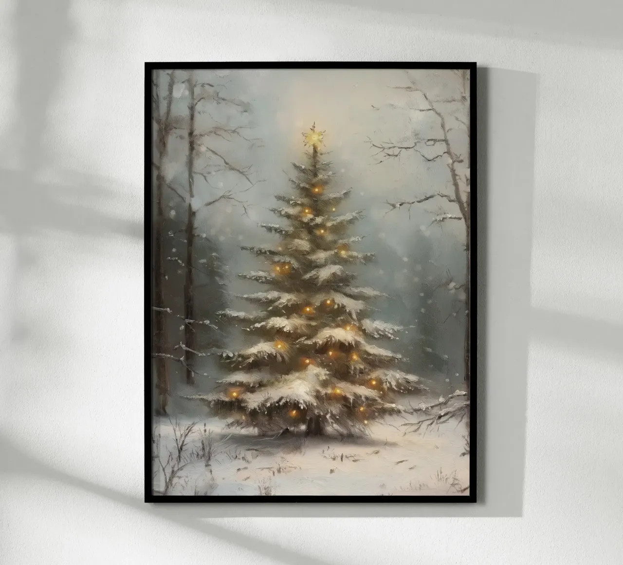 Albero di Natale innevato con luci nella foresta invernale carta hahnemühle da Cozy Vibes