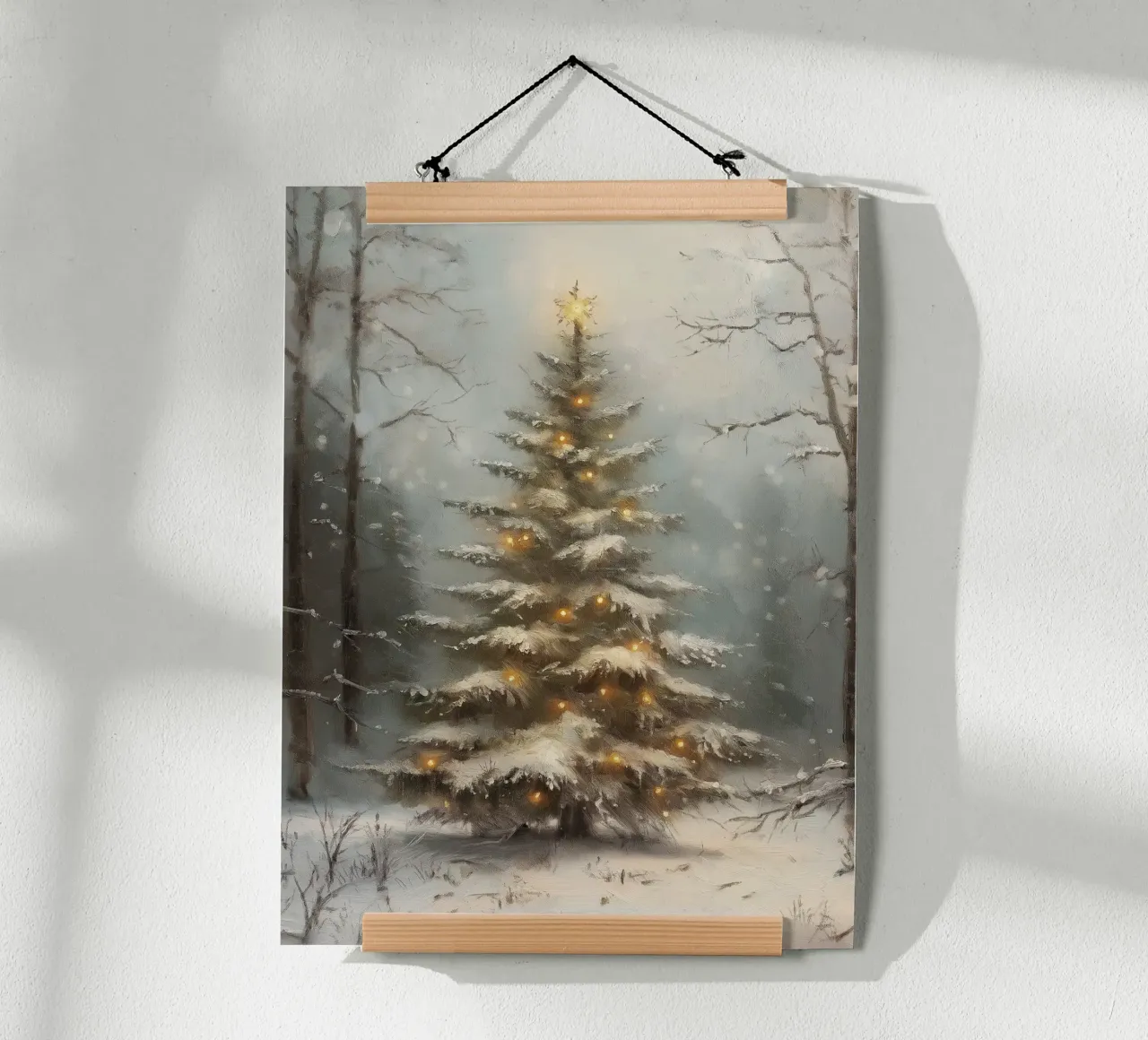 Albero di Natale innevato con luci nella foresta invernale carta hahnemühle da Cozy Vibes