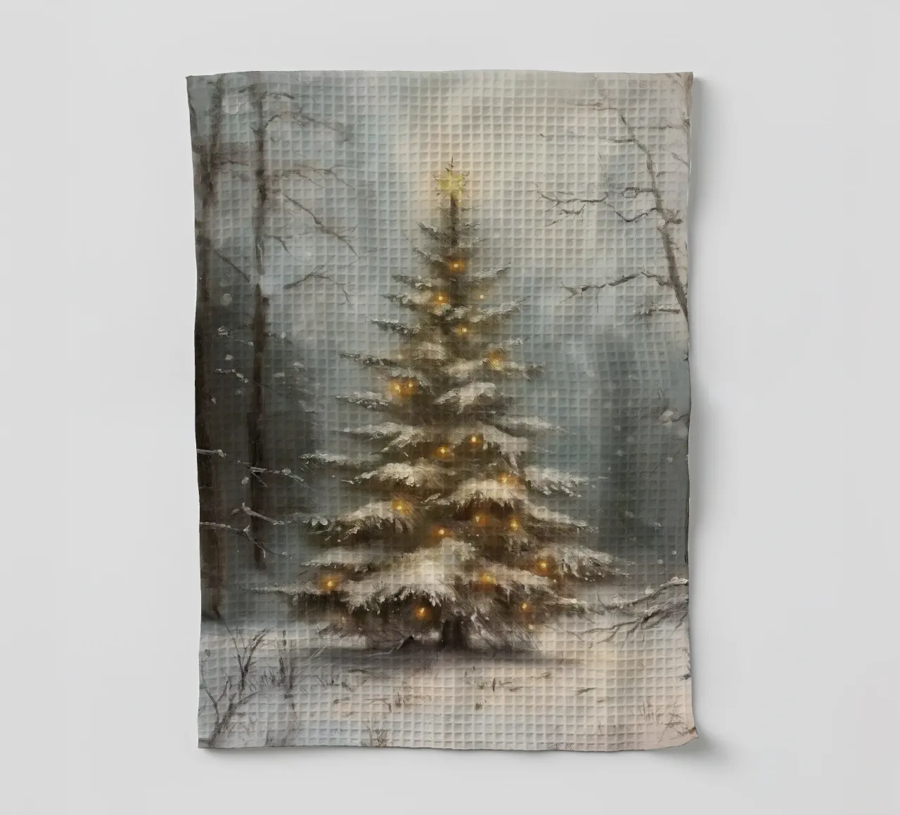 Albero di Natale innevato con luci nella foresta invernale canovaccio da cucina da Cozy Vibes