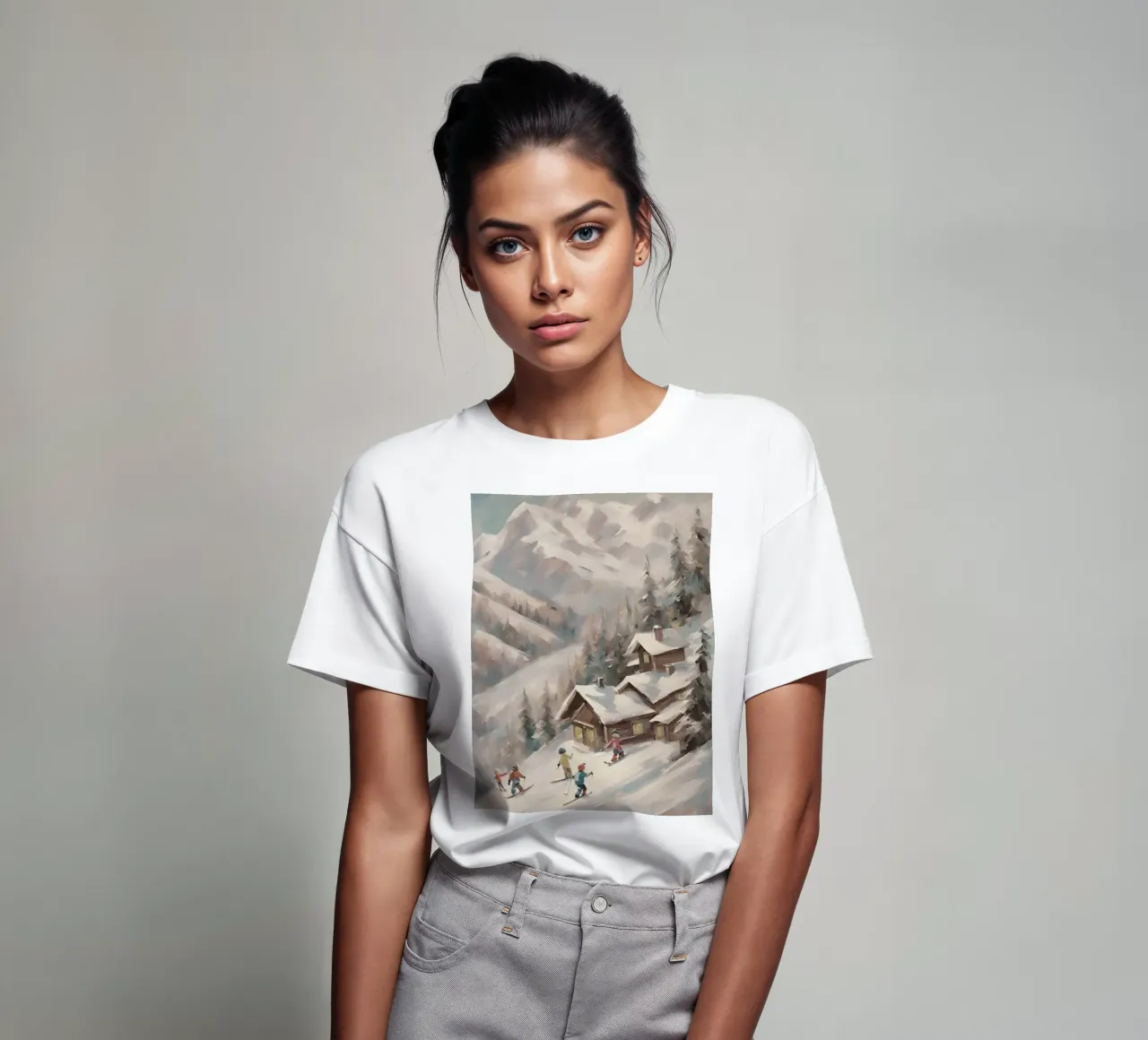 Sciatori invernali davanti a rifugi innevati t-shirt da Cozy Vibes