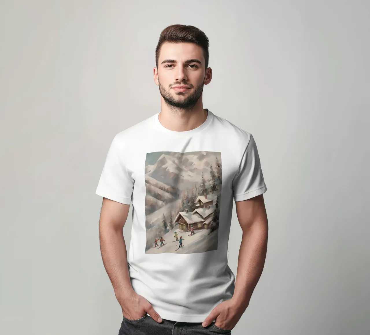 Sciatori invernali davanti a rifugi innevati t-shirt da Cozy Vibes
