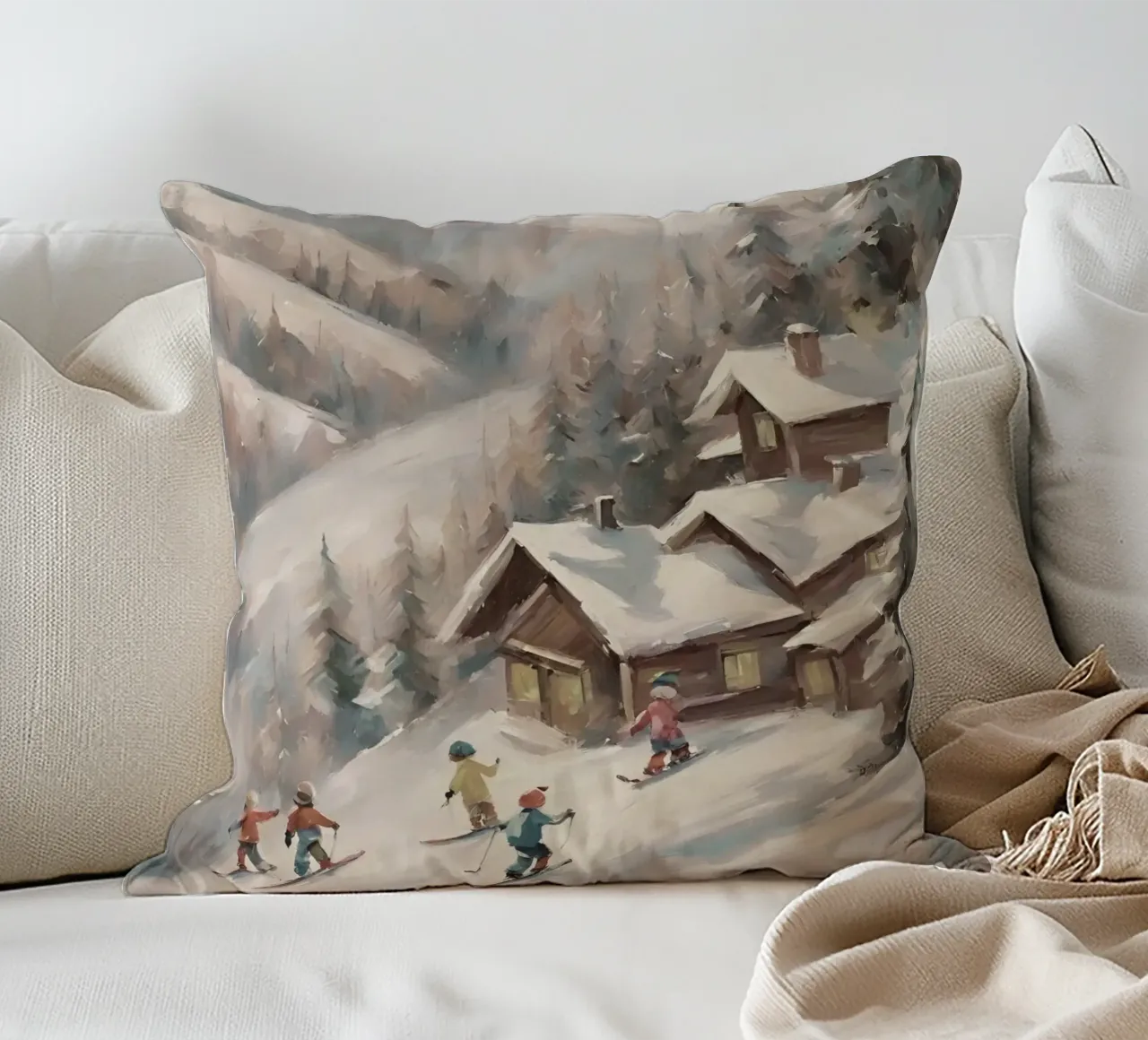 Sciatori invernali davanti a rifugi innevati cuscino da Cozy Vibes