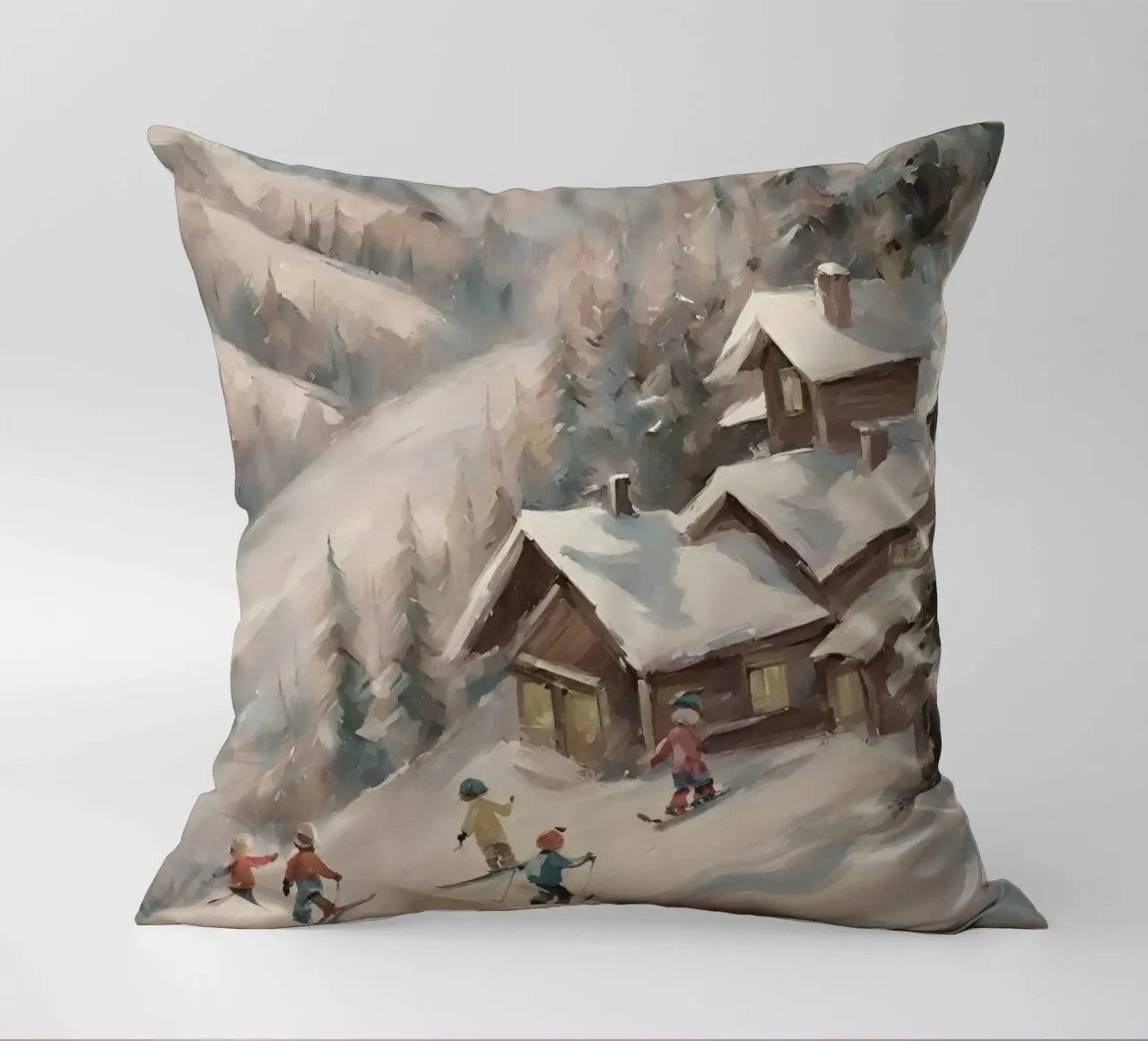 Sciatori invernali davanti a rifugi innevati cuscino da Cozy Vibes