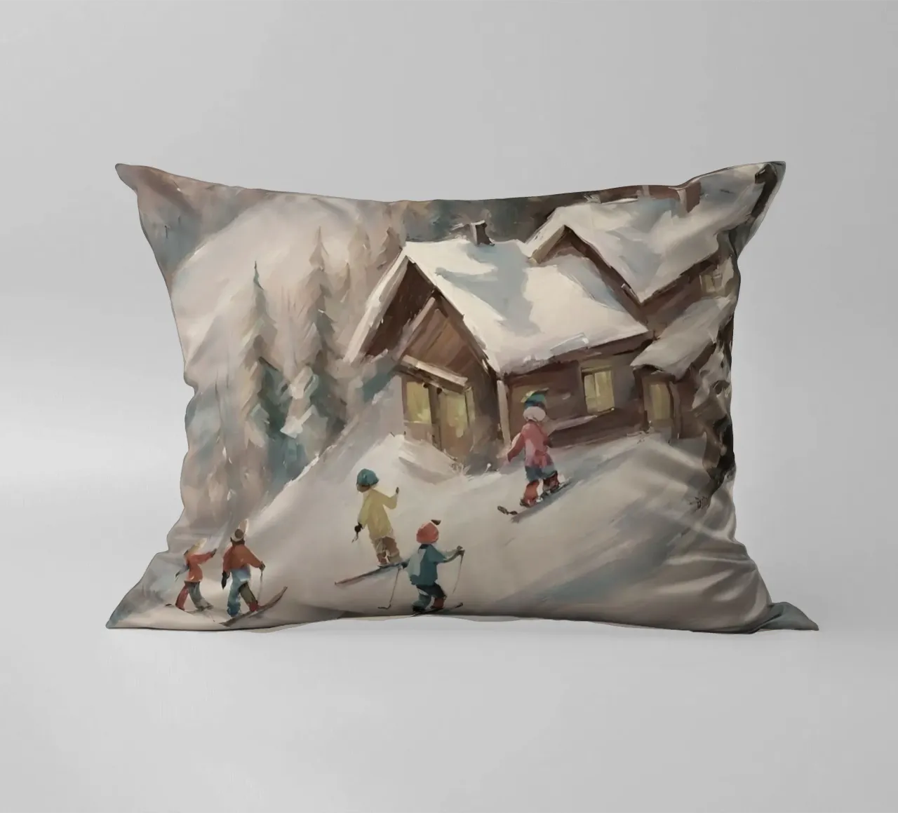 Sciatori invernali davanti a rifugi innevati cuscino da Cozy Vibes