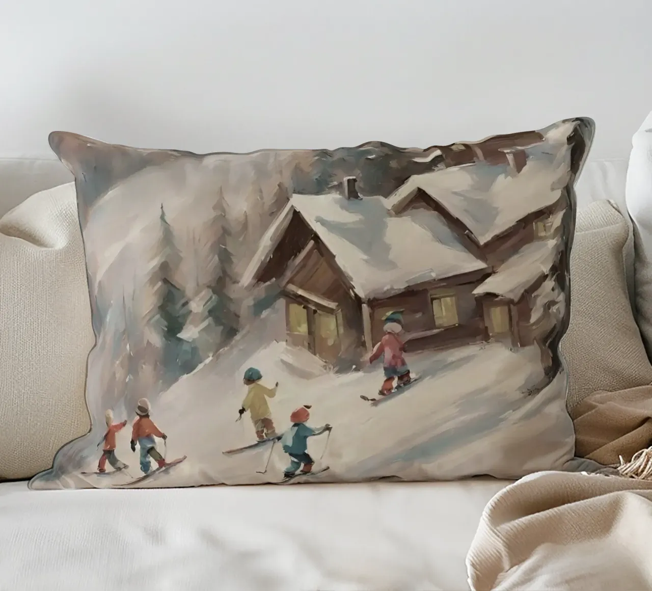 Sciatori invernali davanti a rifugi innevati cuscino da Cozy Vibes