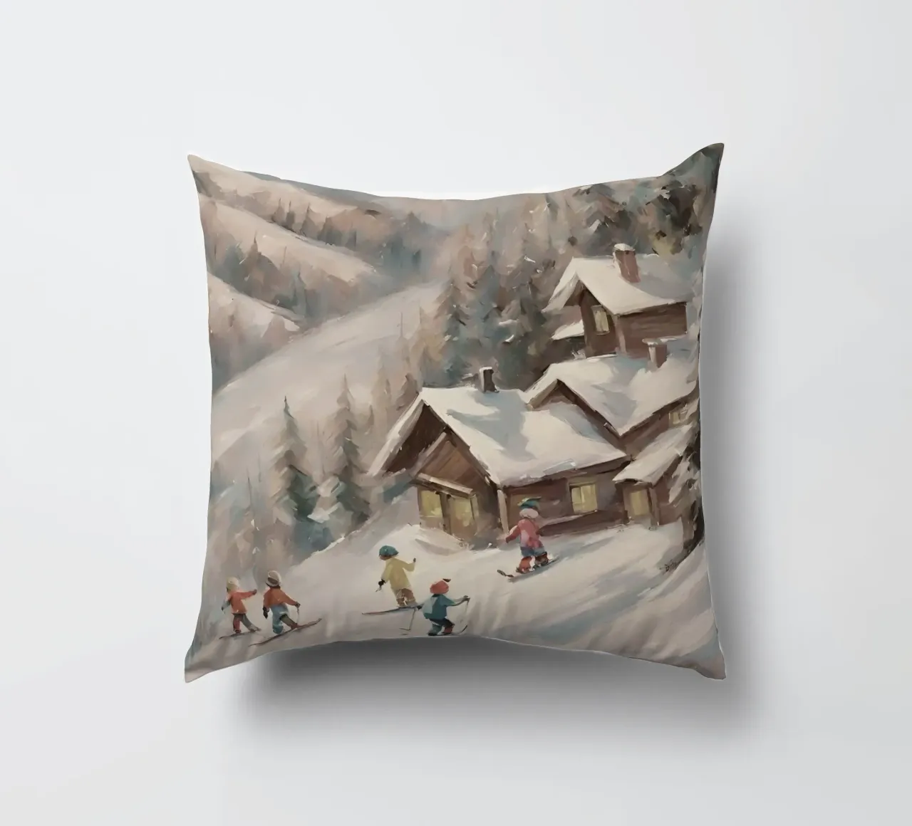 Sciatori invernali davanti a rifugi innevati cuscino da Cozy Vibes