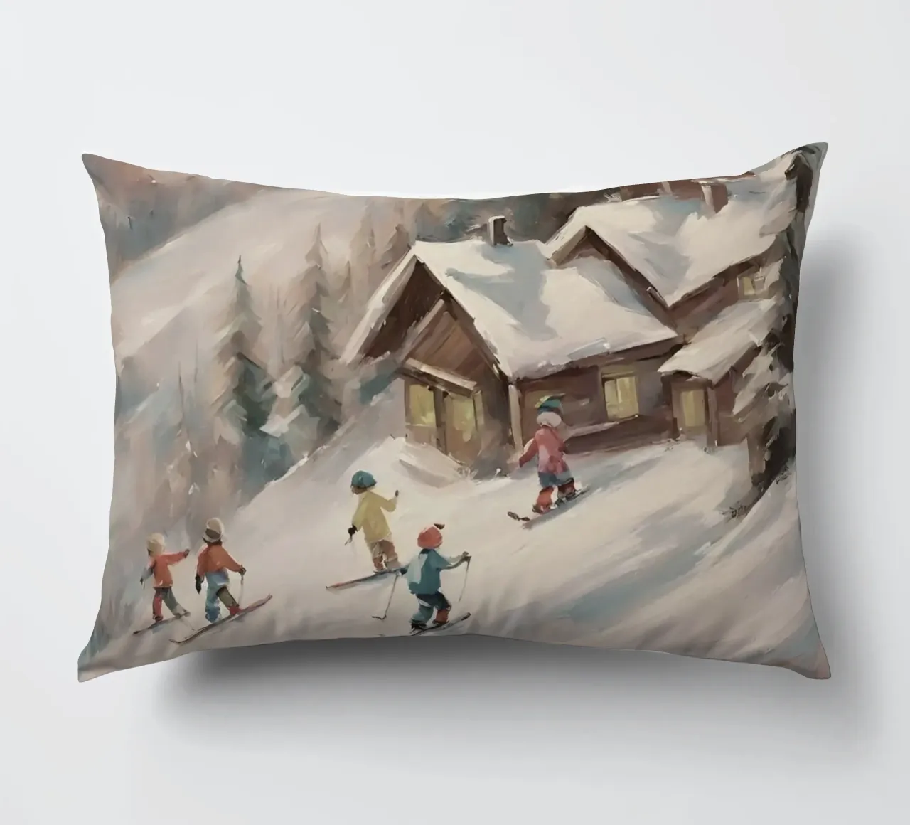 Sciatori invernali davanti a rifugi innevati cuscino da Cozy Vibes