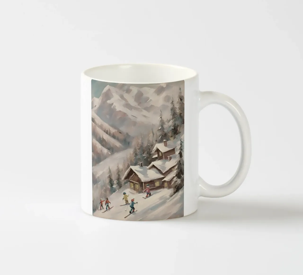 Sciatori invernali davanti a rifugi innevati tazza in ceramica da Cozy Vibes