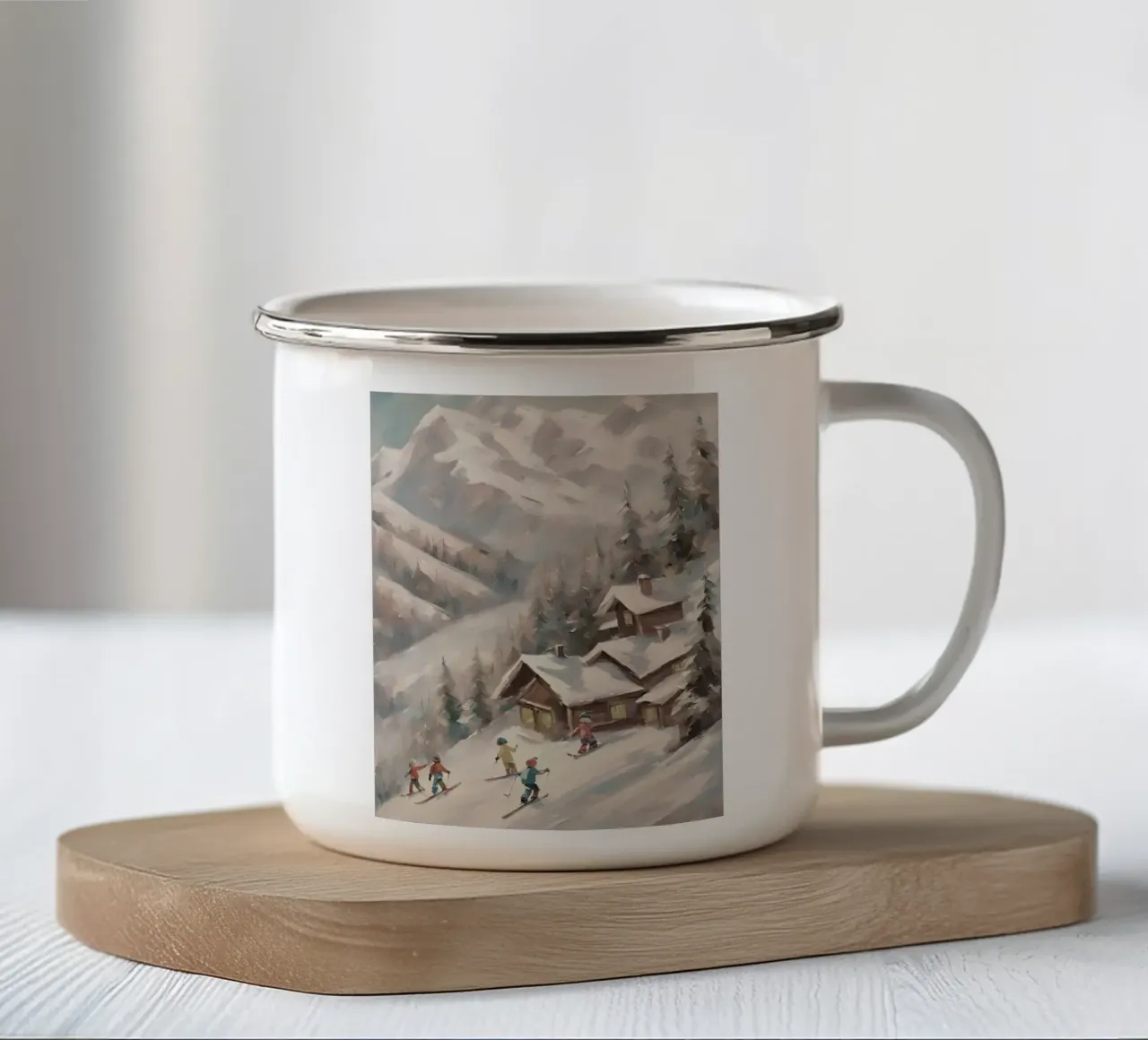 Sciatori invernali davanti a rifugi innevati tazza in smalto da Cozy Vibes