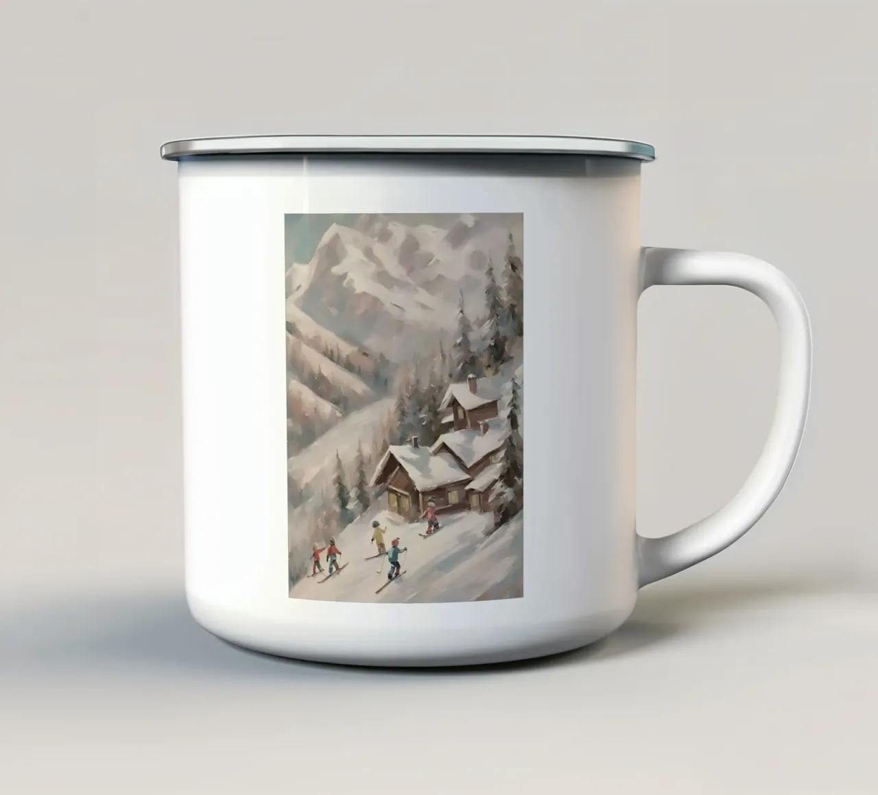 Sciatori invernali davanti a rifugi innevati tazza in smalto da Cozy Vibes