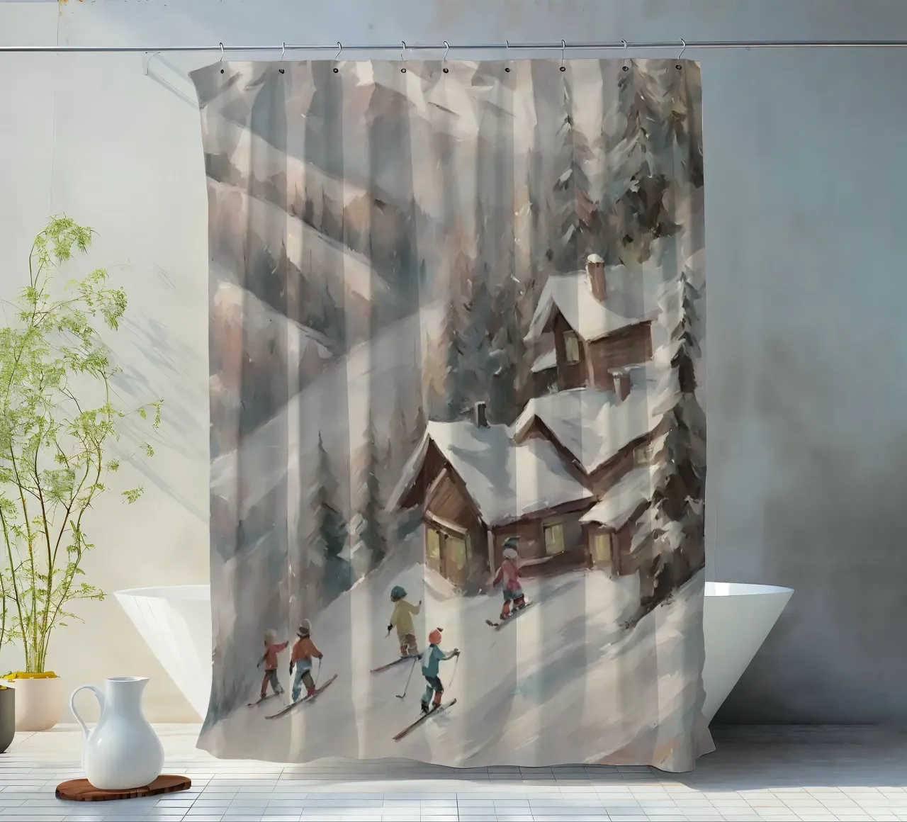 Sciatori invernali davanti a rifugi innevati tenda da doccia da Cozy Vibes