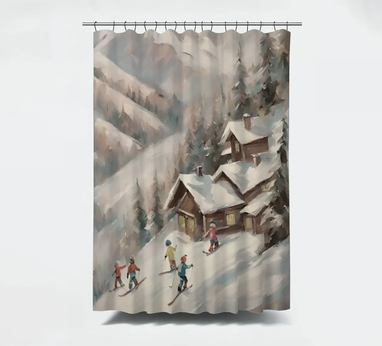 Sciatori invernali davanti a rifugi innevati tenda da doccia da Cozy Vibes