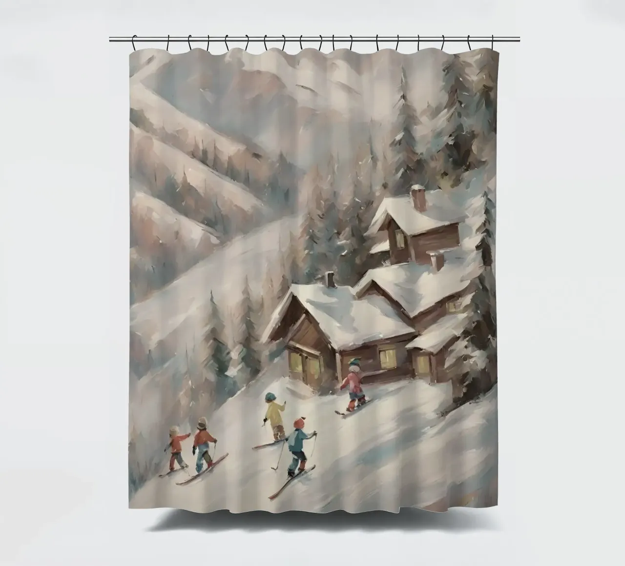Sciatori invernali davanti a rifugi innevati tenda da doccia da Cozy Vibes