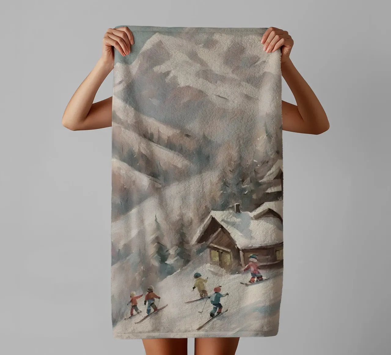 Sciatori invernali davanti a rifugi innevati asciugamano da bagno da Cozy Vibes