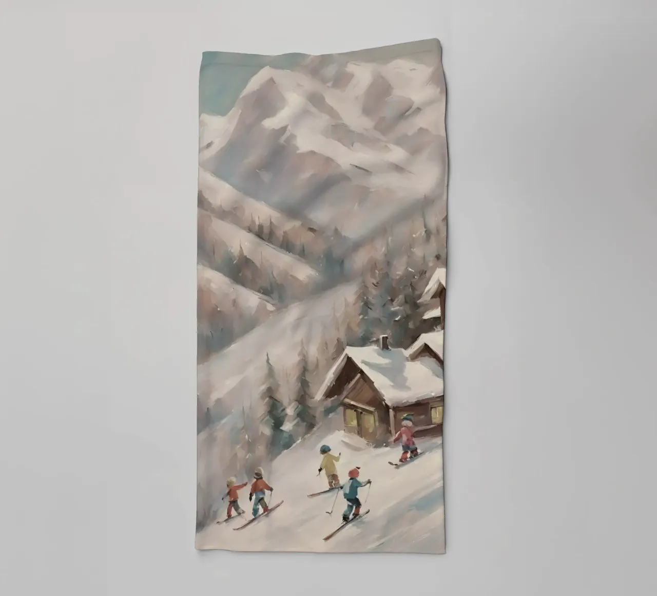 Sciatori invernali davanti a rifugi innevati asciugamano da bagno da Cozy Vibes
