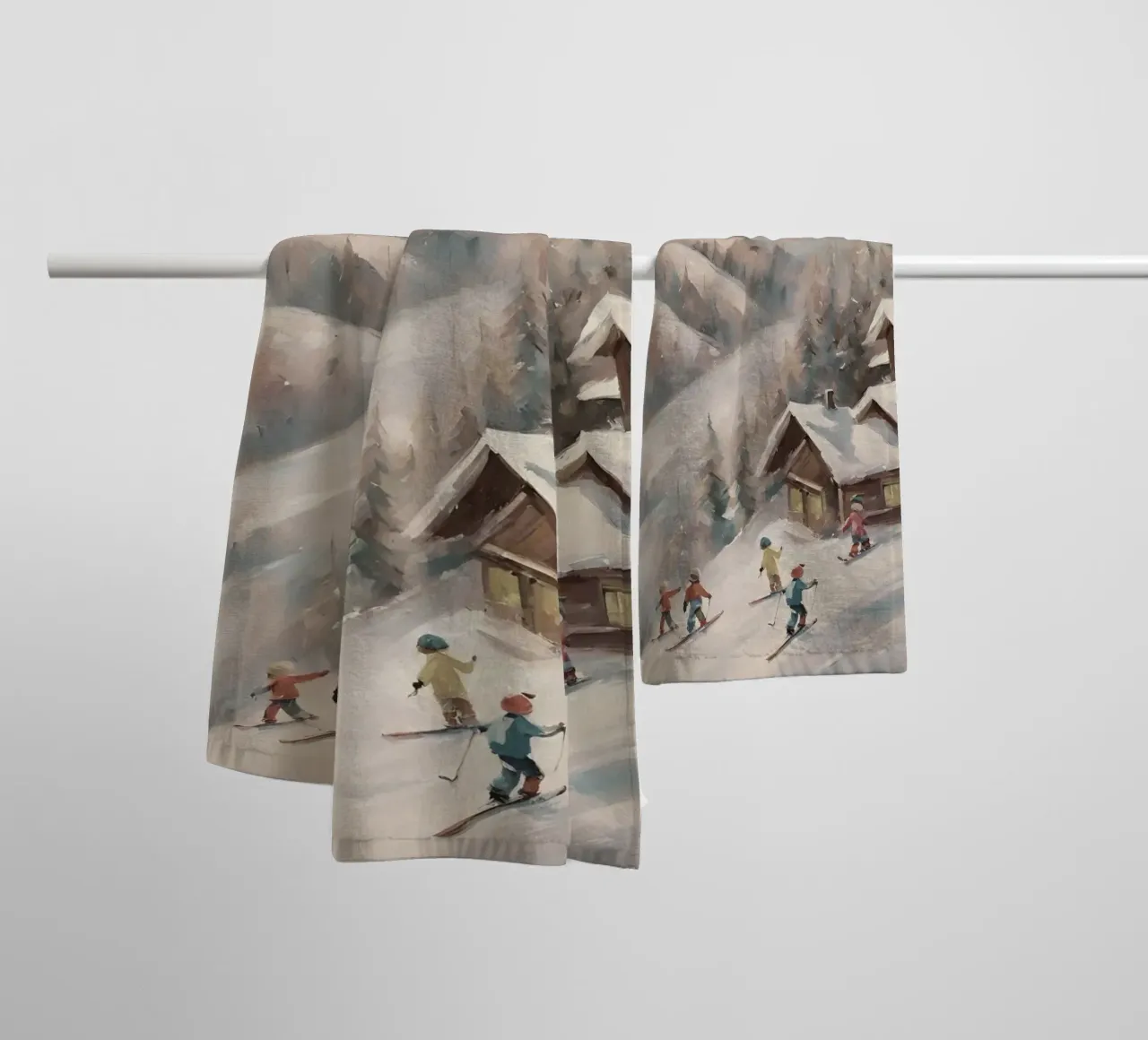 Sciatori invernali davanti a rifugi innevati asciugamano da bagno da Cozy Vibes