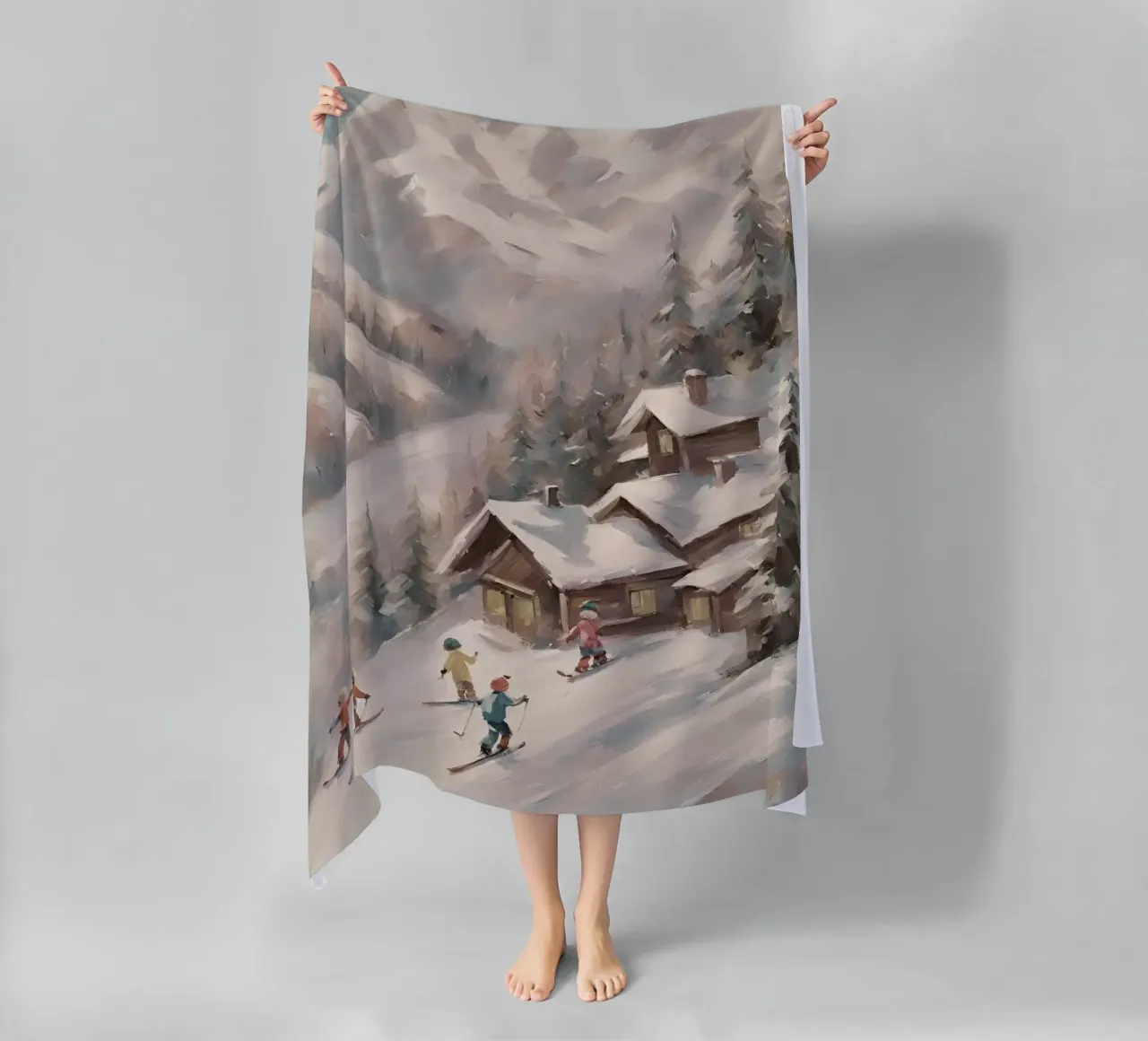 Sciatori invernali davanti a rifugi innevati telo mare da Cozy Vibes