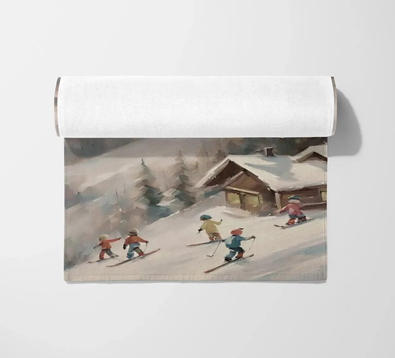 Sciatori invernali davanti a rifugi innevati telo mare da Cozy Vibes