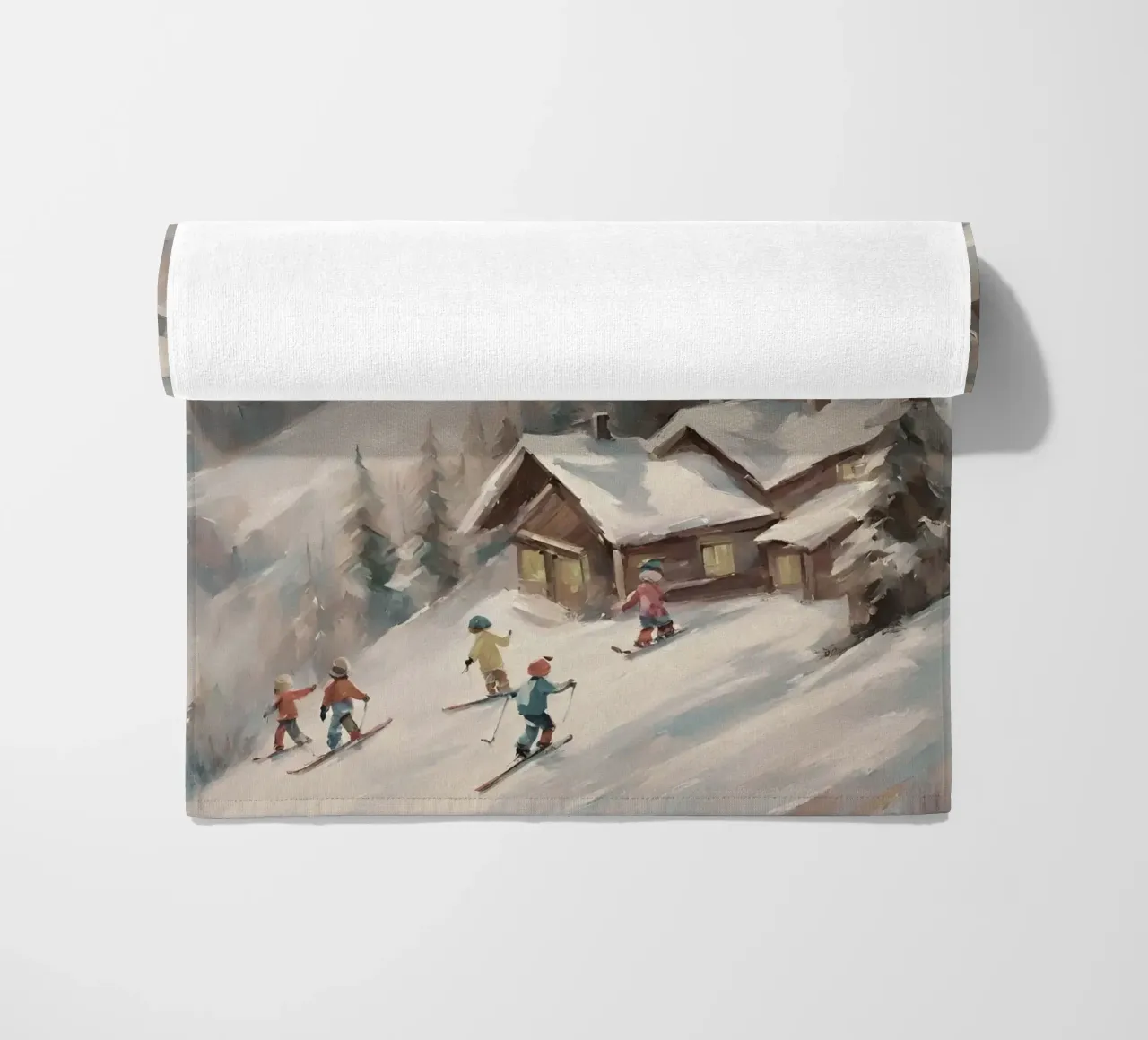 Sciatori invernali davanti a rifugi innevati telo mare da Cozy Vibes