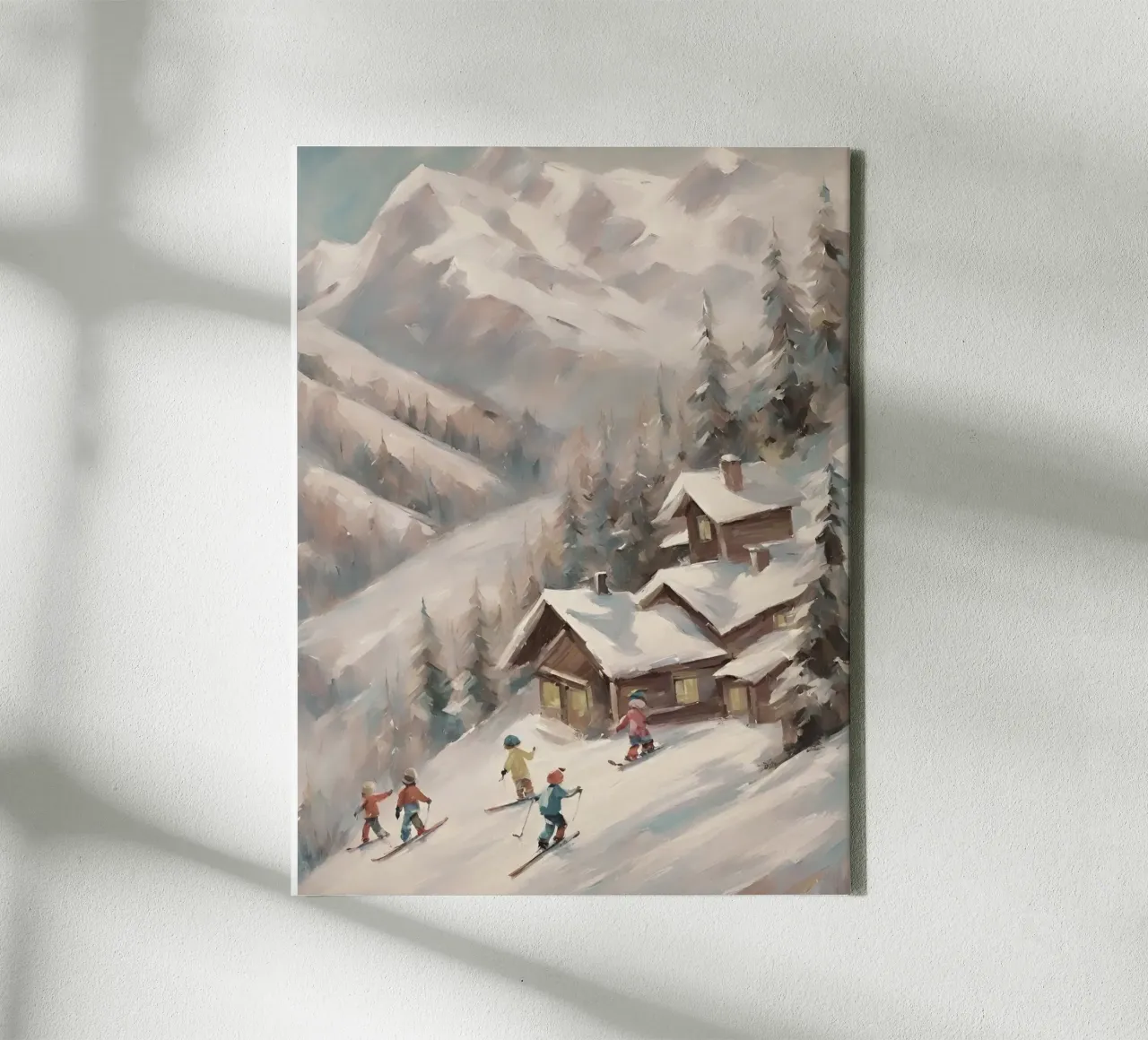 Sciatori invernali davanti a rifugi innevati tela da Cozy Vibes