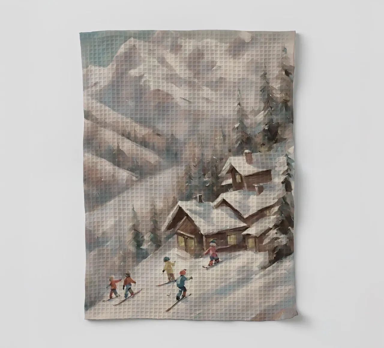 Sciatori invernali davanti a rifugi innevati canovaccio da cucina da Cozy Vibes