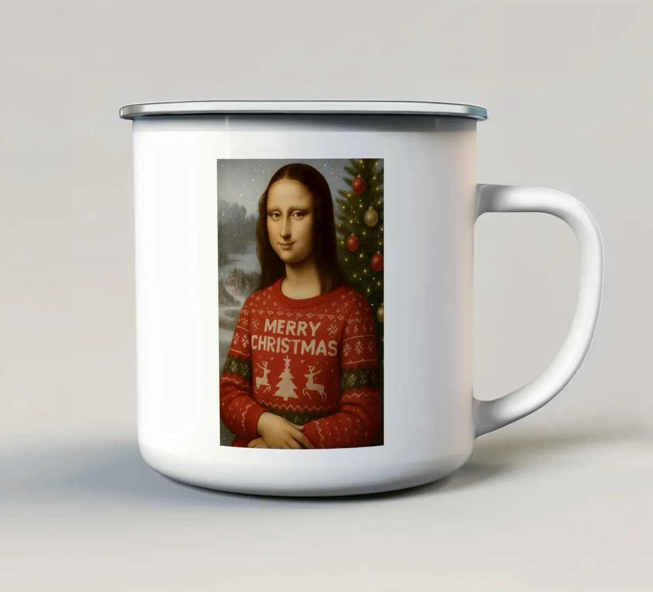 MONA LISA IN KERSTTRUI emaille mok van ARTOMATIC