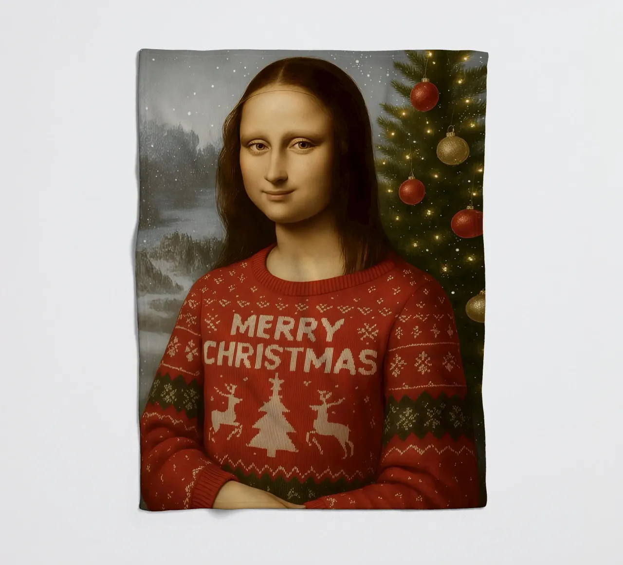 MONA LISA IM WEIHNACHTSPULLI Fleecedecke von ARTOMATIC