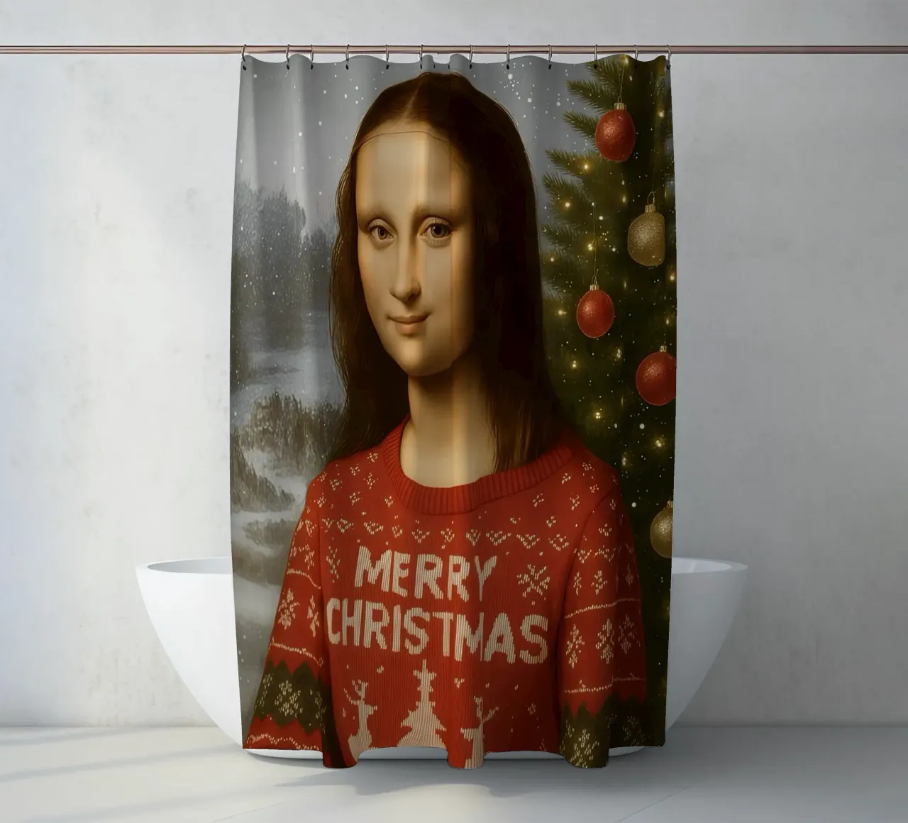 MONA LISA IM WEIHNACHTSPULLI Duschvorhang von ARTOMATIC